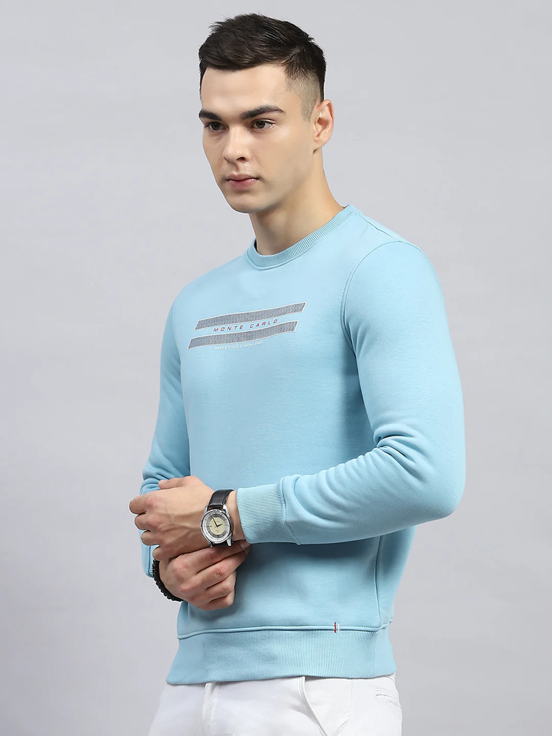 Men Sky Blue Printed Round Neck Full Sleeve Sweatshirt - Image 3
