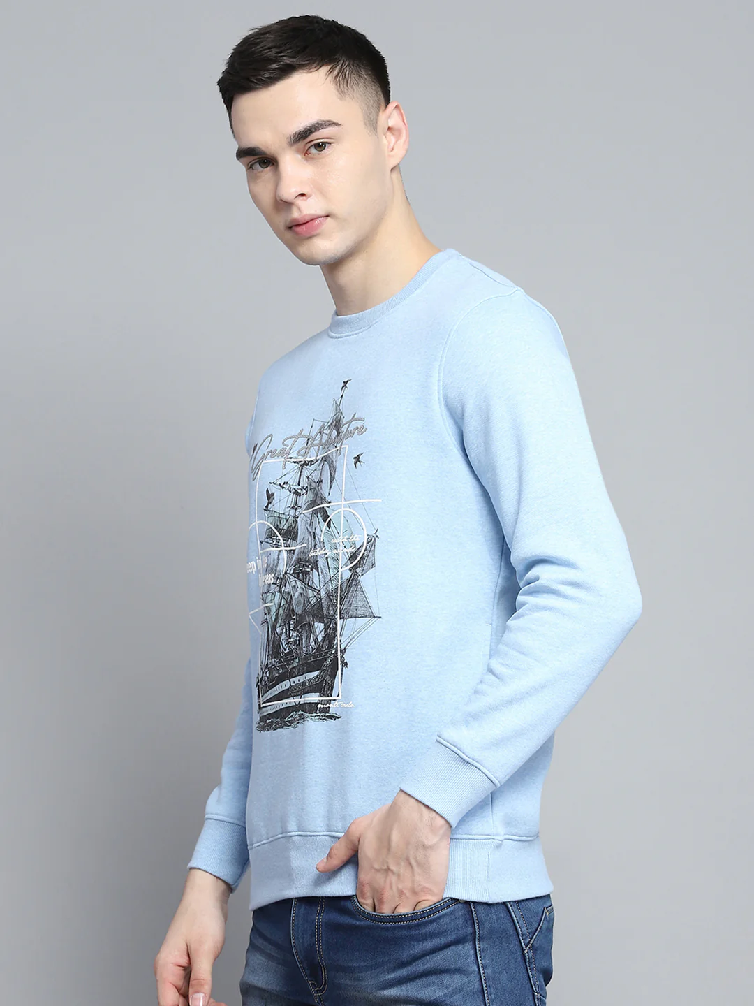 Men Sky Blue Printed Round Neck Full Sleeve Sweatshirt - Image 3