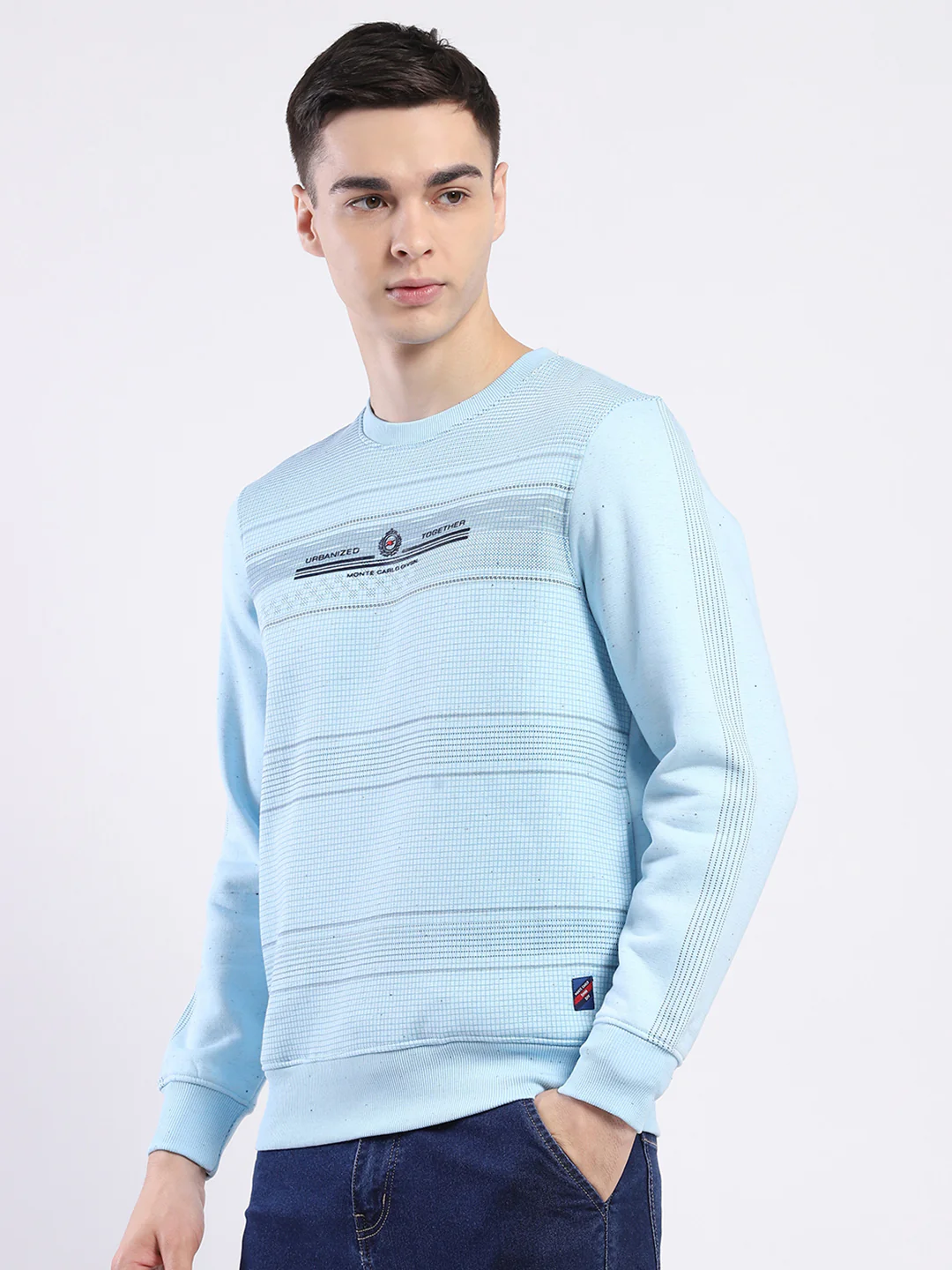 Men Sky Blue Printed Round Neck Full Sleeve Sweatshirt - Image 3