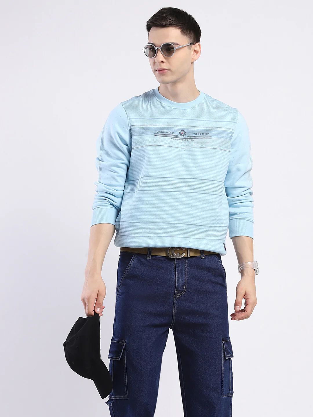 Men Sky Blue Printed Round Neck Full Sleeve Sweatshirt - Image 6