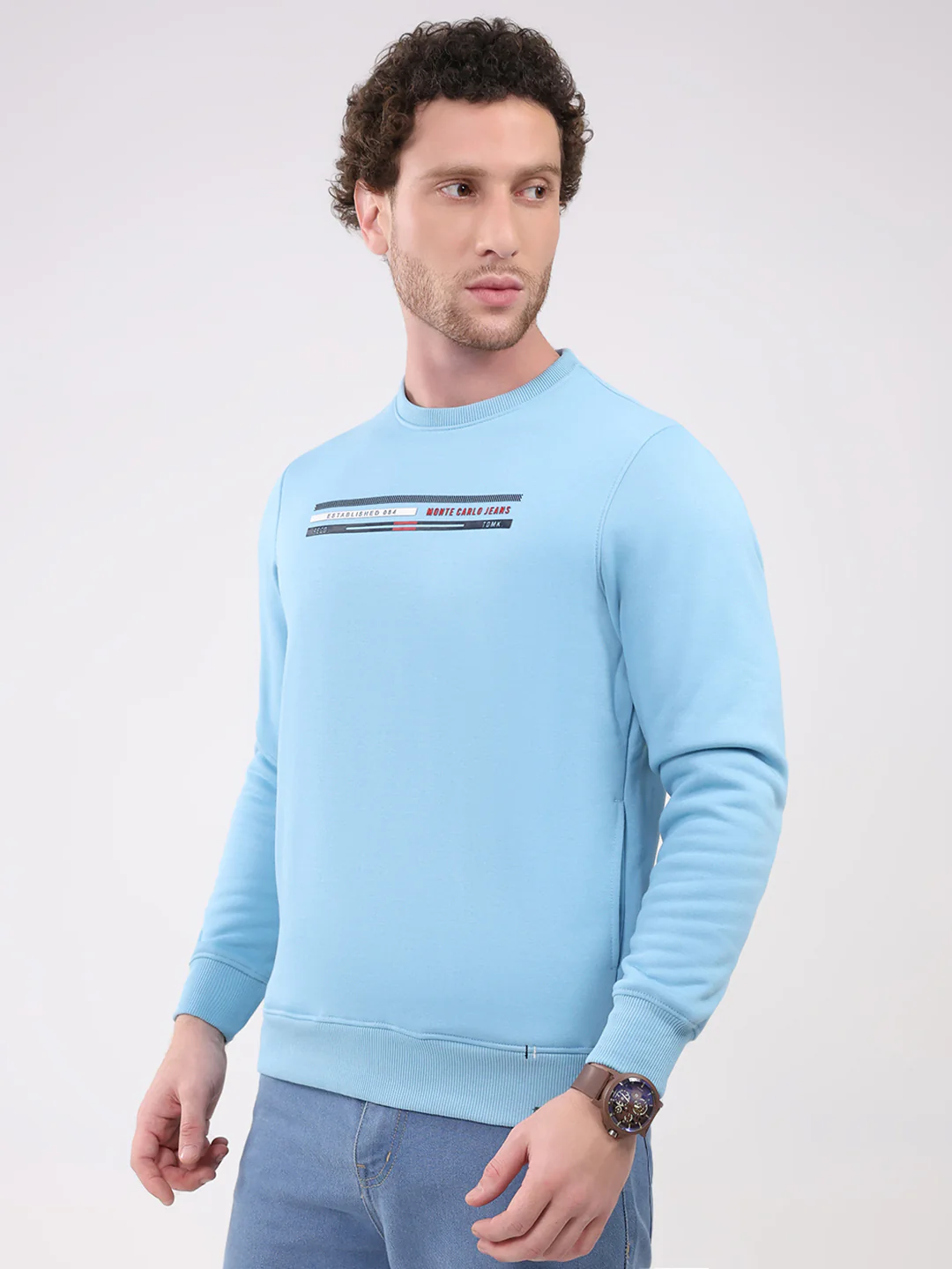 Men Sky Blue Printed Round Neck Full Sleeve Sweatshirt - Image 3
