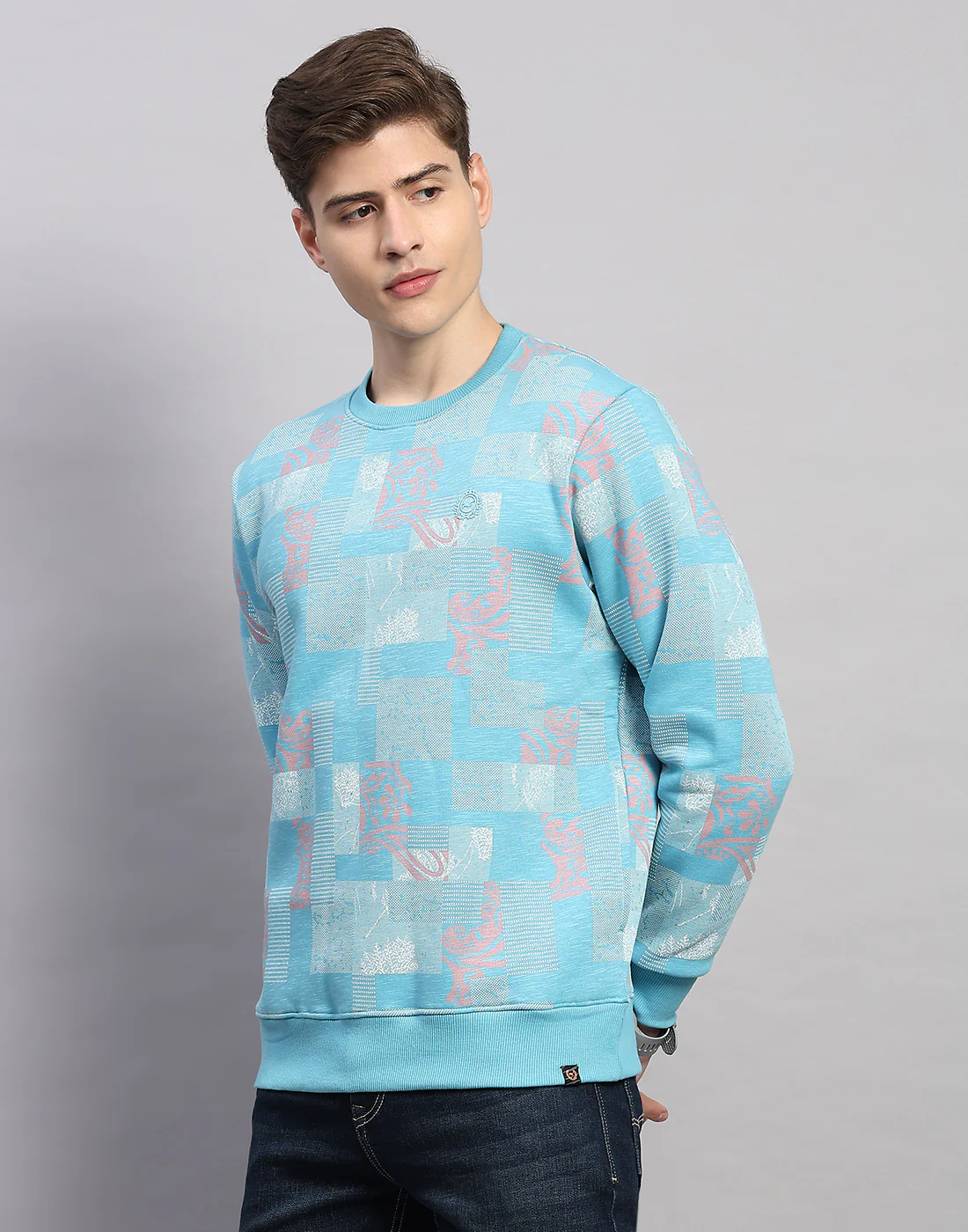 Men Sky Blue Printed Round Neck Full Sleeve Sweatshirt - Image 2