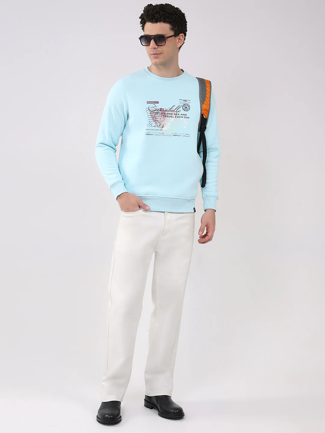 Men Sky Blue Printed Round Neck Full Sleeve Sweatshirt - Image 2