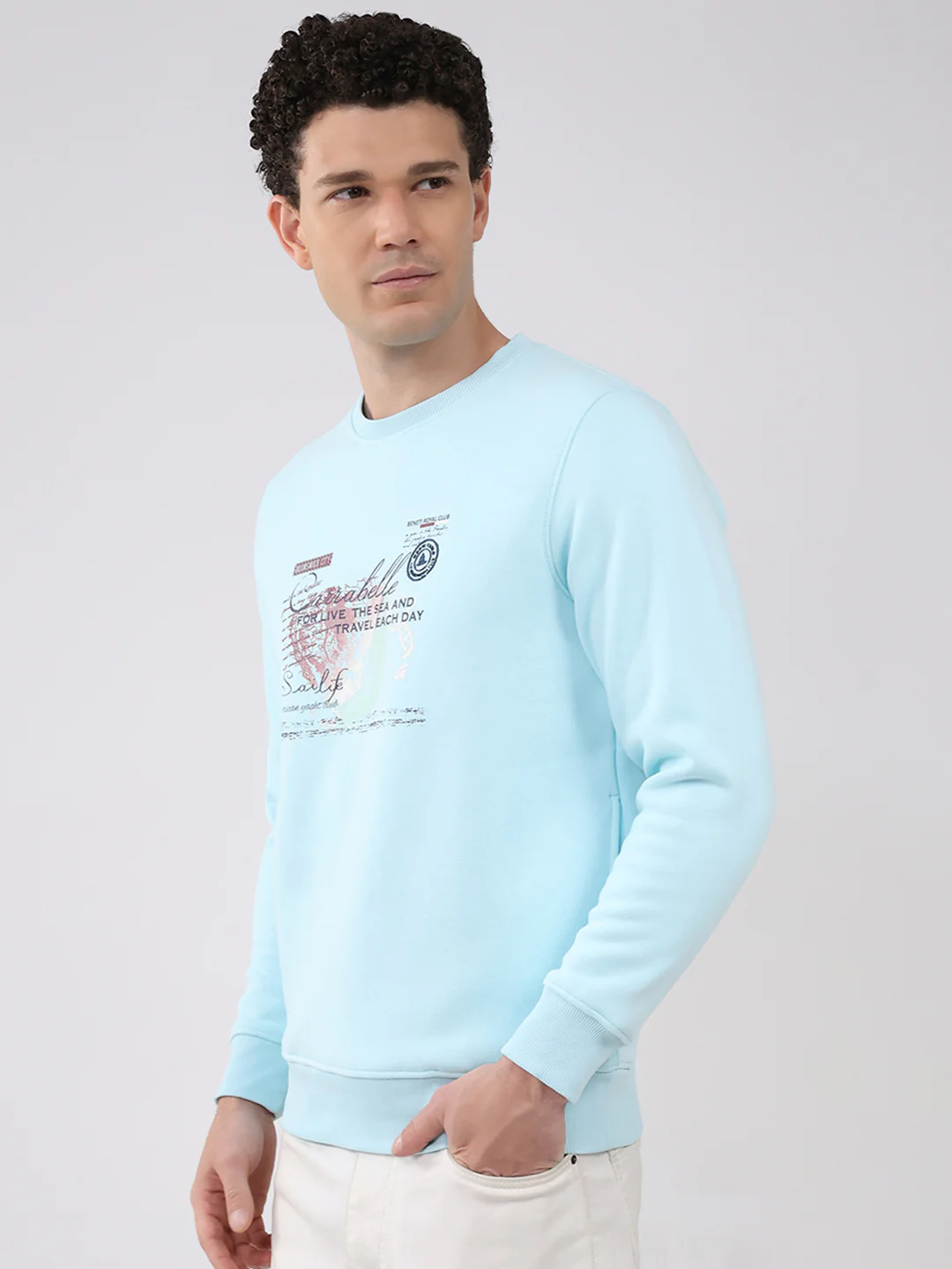 Men Sky Blue Printed Round Neck Full Sleeve Sweatshirt - Image 3