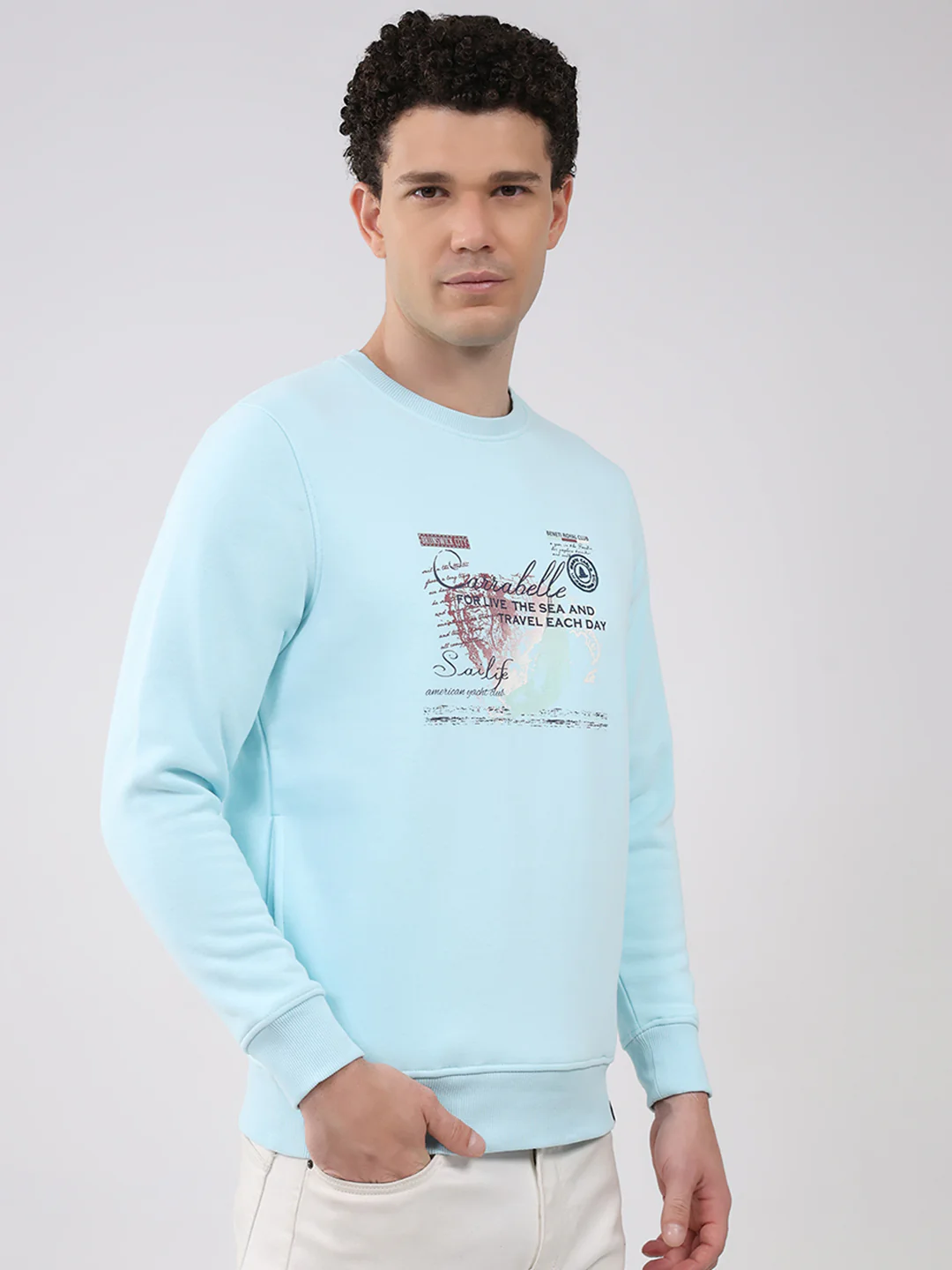 Men Sky Blue Printed Round Neck Full Sleeve Sweatshirt - Image 4