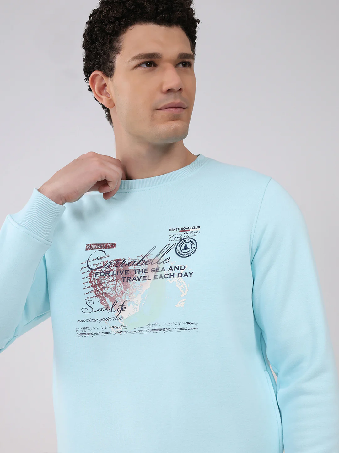 Men Sky Blue Printed Round Neck Full Sleeve Sweatshirt - Image 6