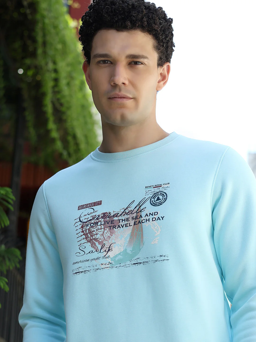 Men Sky Blue Printed Round Neck Full Sleeve Sweatshirt - Image 7