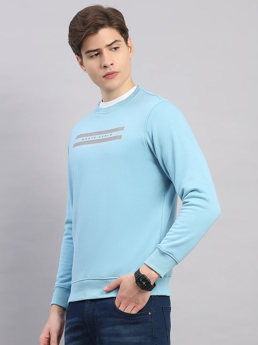 Men Sky Blue Printed Round Neck Full Sleeve Sweatshirt - Image 3