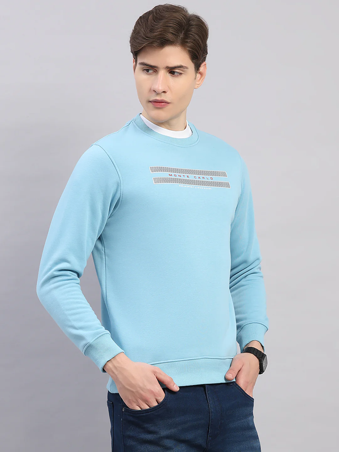 Men Sky Blue Printed Round Neck Full Sleeve Sweatshirt - Image 4