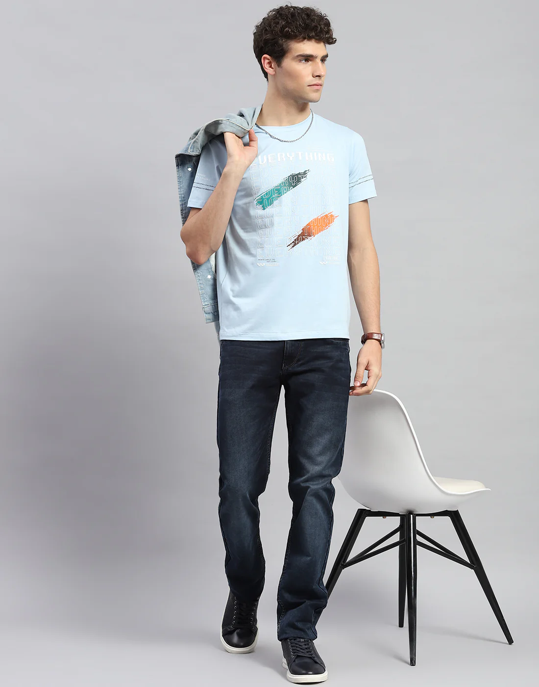 Men Sky Blue Printed Round Neck Half Sleeve T-Shirt - Image 2
