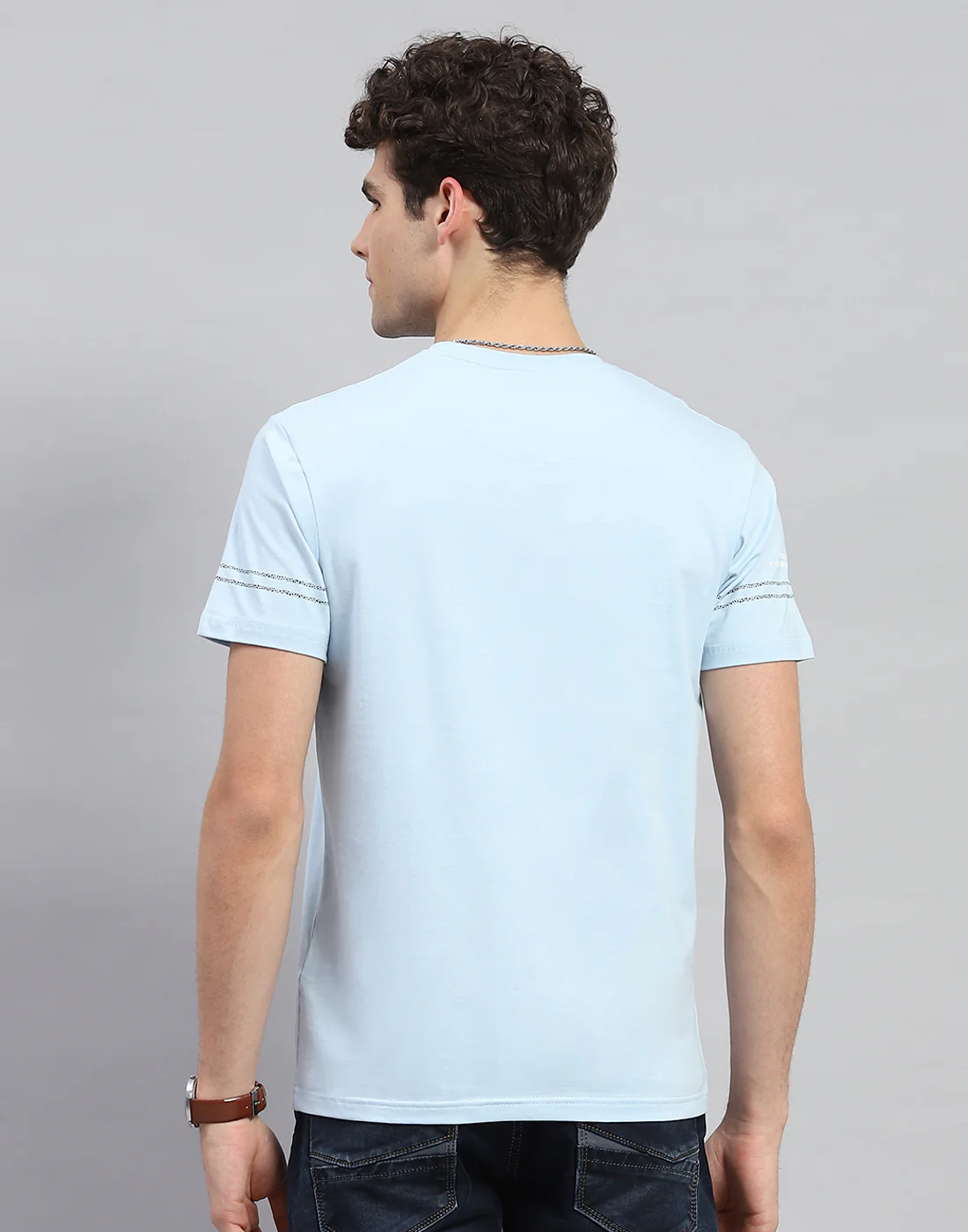 Men Sky Blue Printed Round Neck Half Sleeve T-Shirt - Image 5