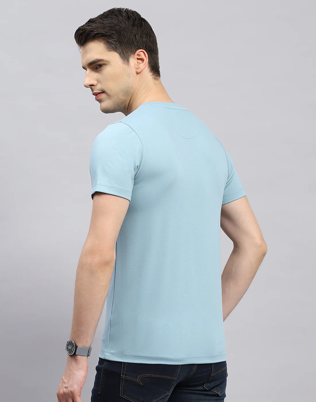 Men Sky Blue Printed Round Neck Half Sleeve T-Shirt - Image 5