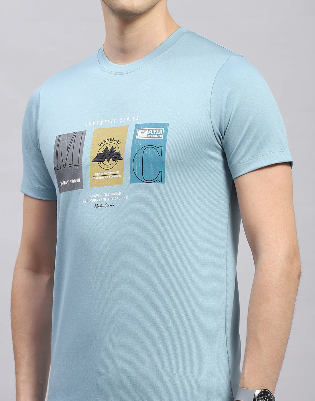 Men Sky Blue Printed Round Neck Half Sleeve T-Shirt - Image 6