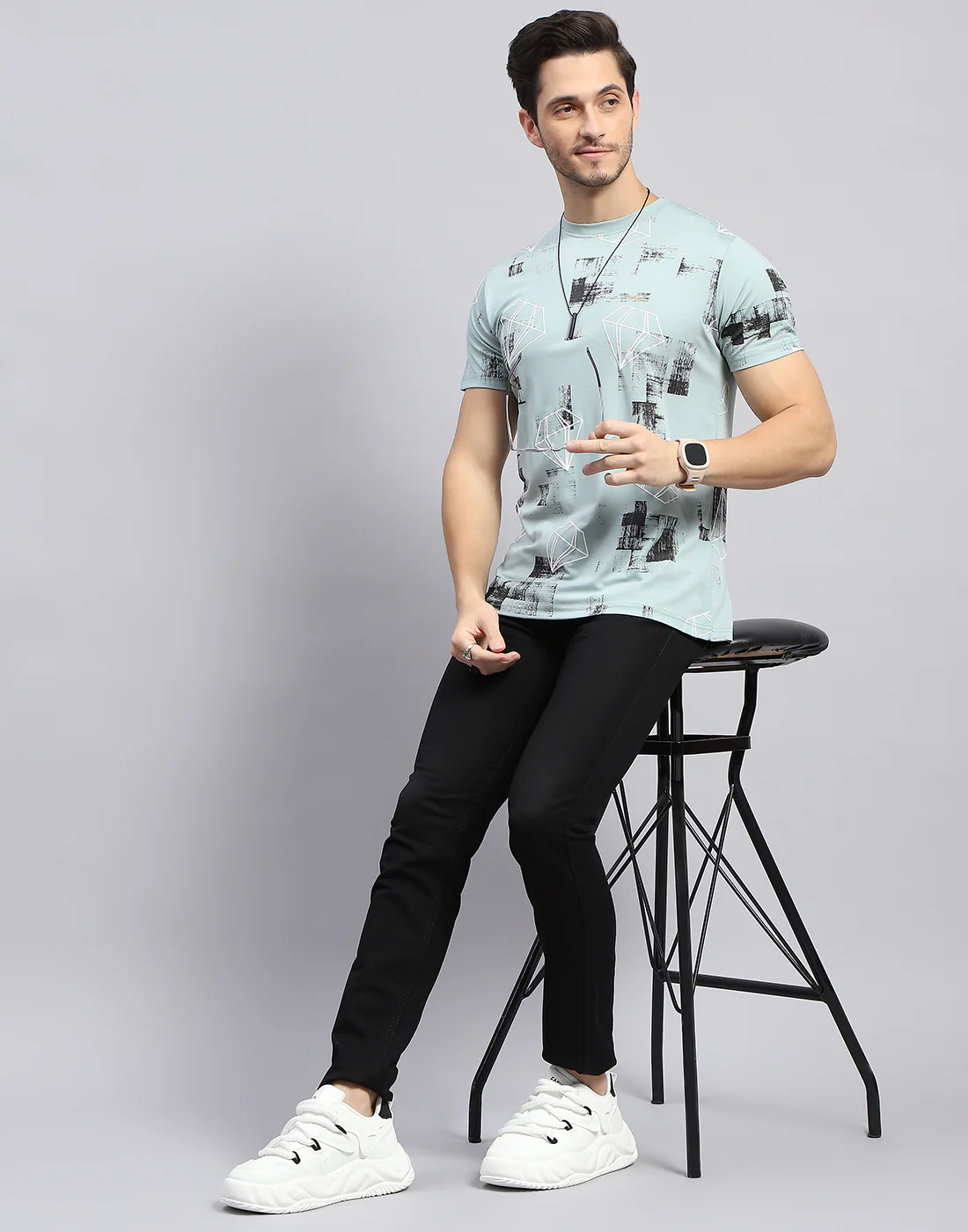 Men Sky Blue Printed Round Neck Half Sleeve T-Shirt - Image 2