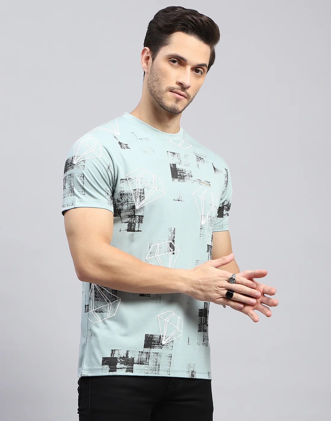 Men Sky Blue Printed Round Neck Half Sleeve T-Shirt - Image 4