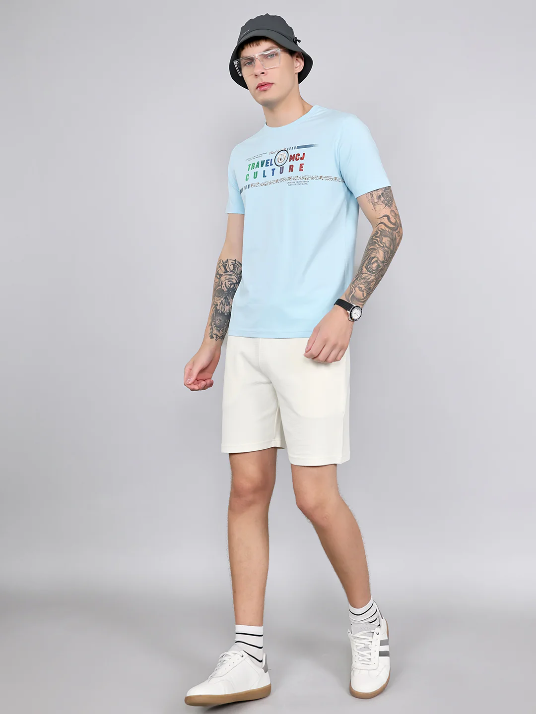Men Sky Blue Printed Round Neck Half Sleeve T-Shirt - Image 6