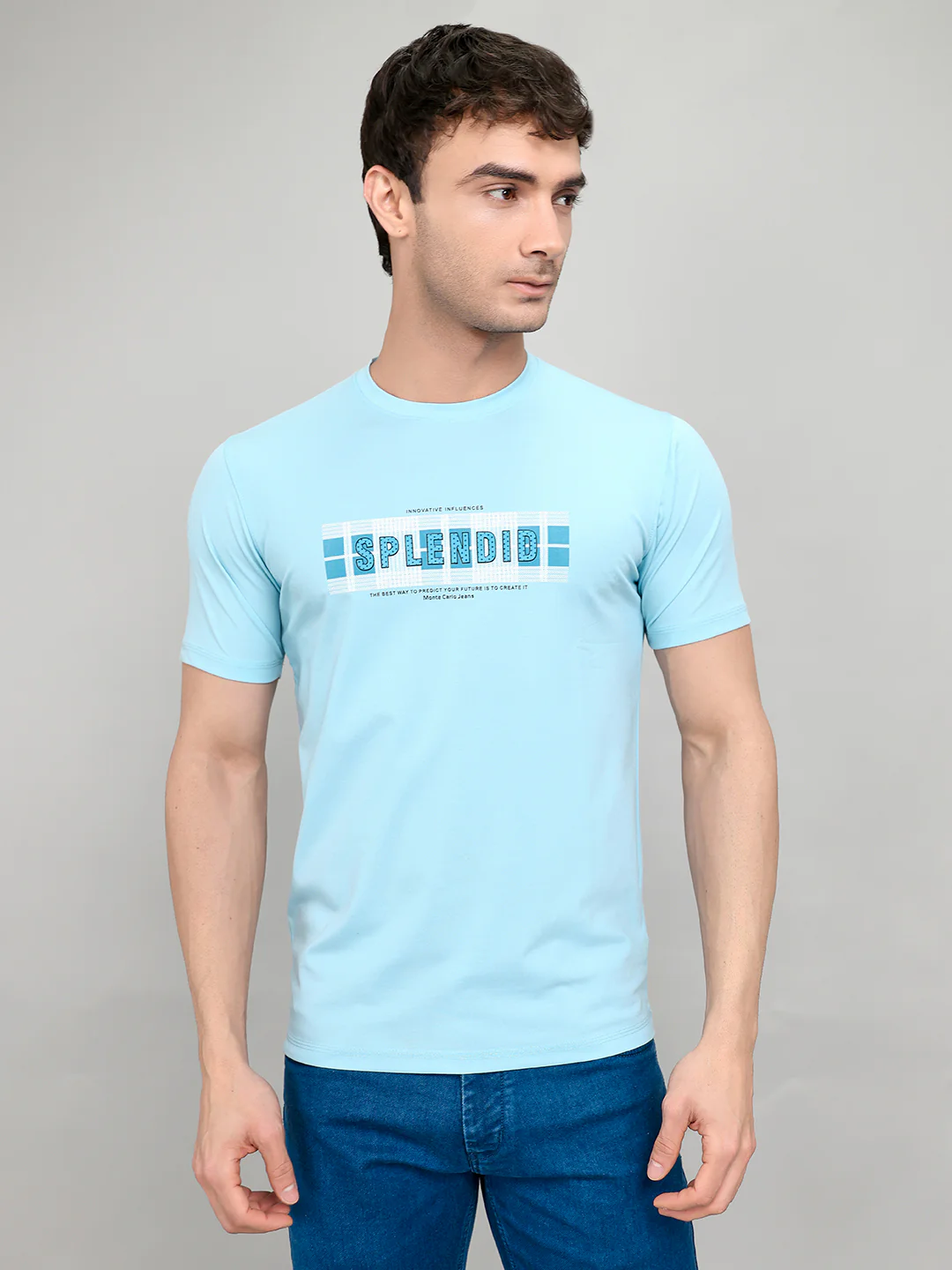 Men Sky Blue Printed Round Neck Half Sleeve T-Shirt