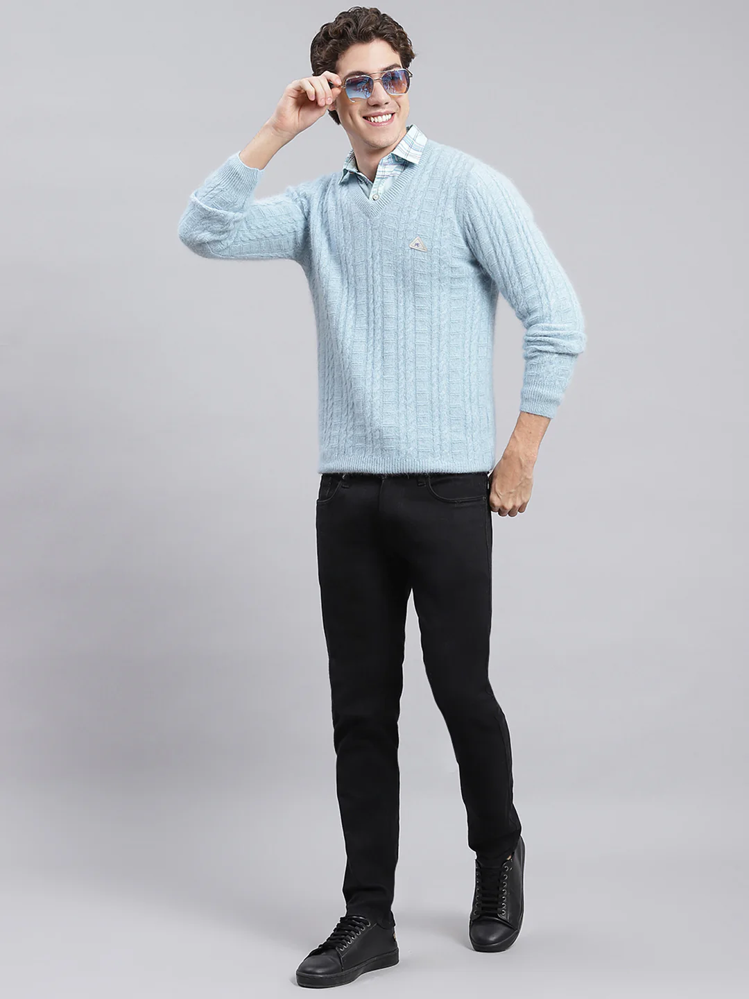 Men Sky Blue Self Design Angoora Pullover - Image 5