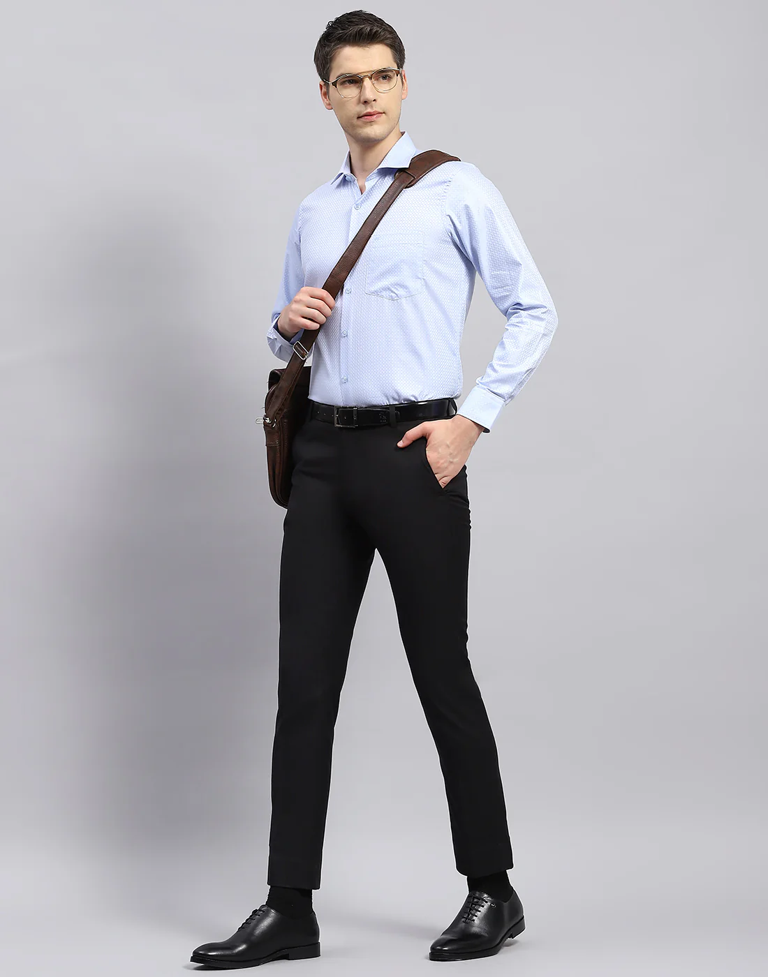 Men Sky Blue Self Design Collar Full Sleeve Shirt - Image 2