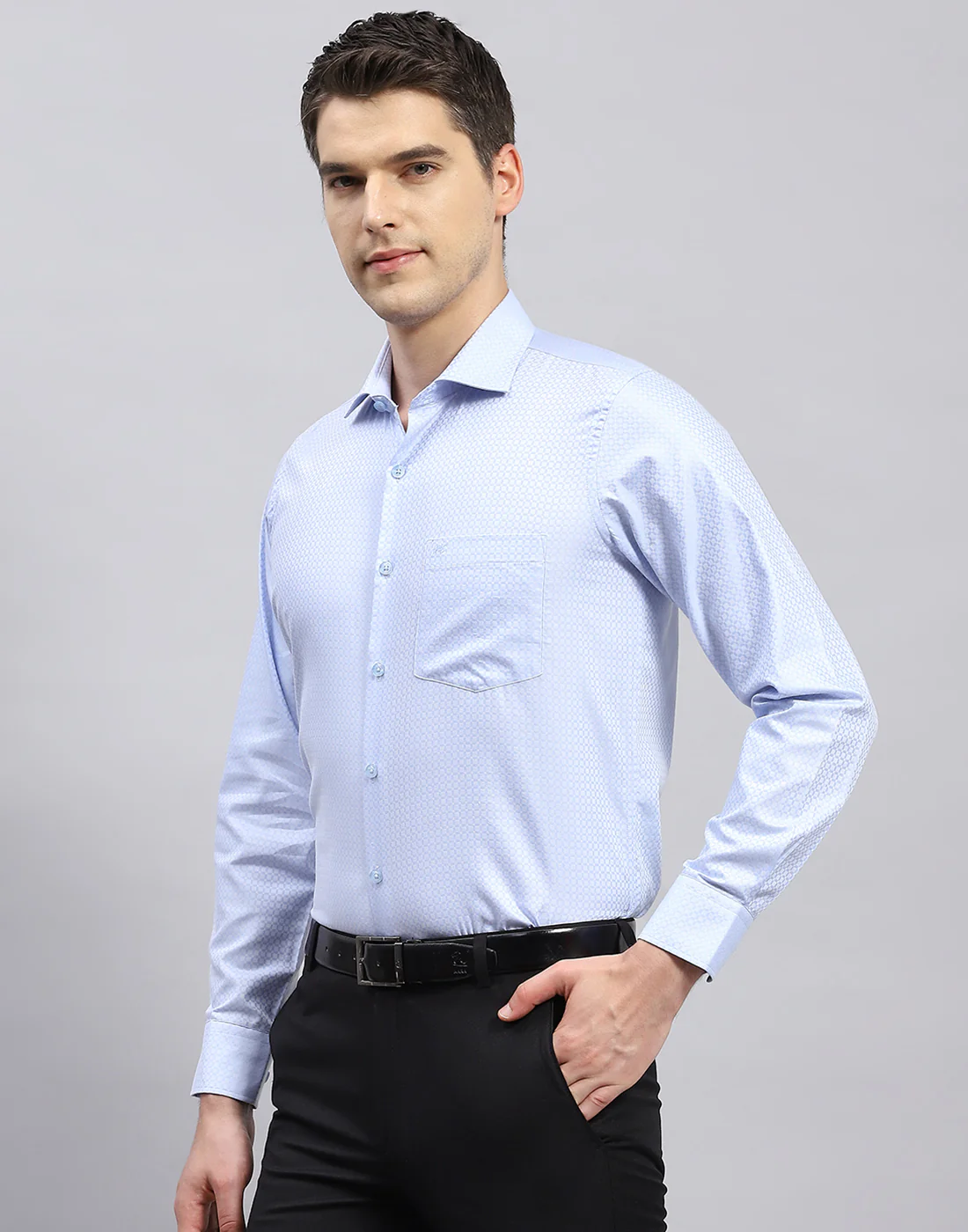 Men Sky Blue Self Design Collar Full Sleeve Shirt - Image 3