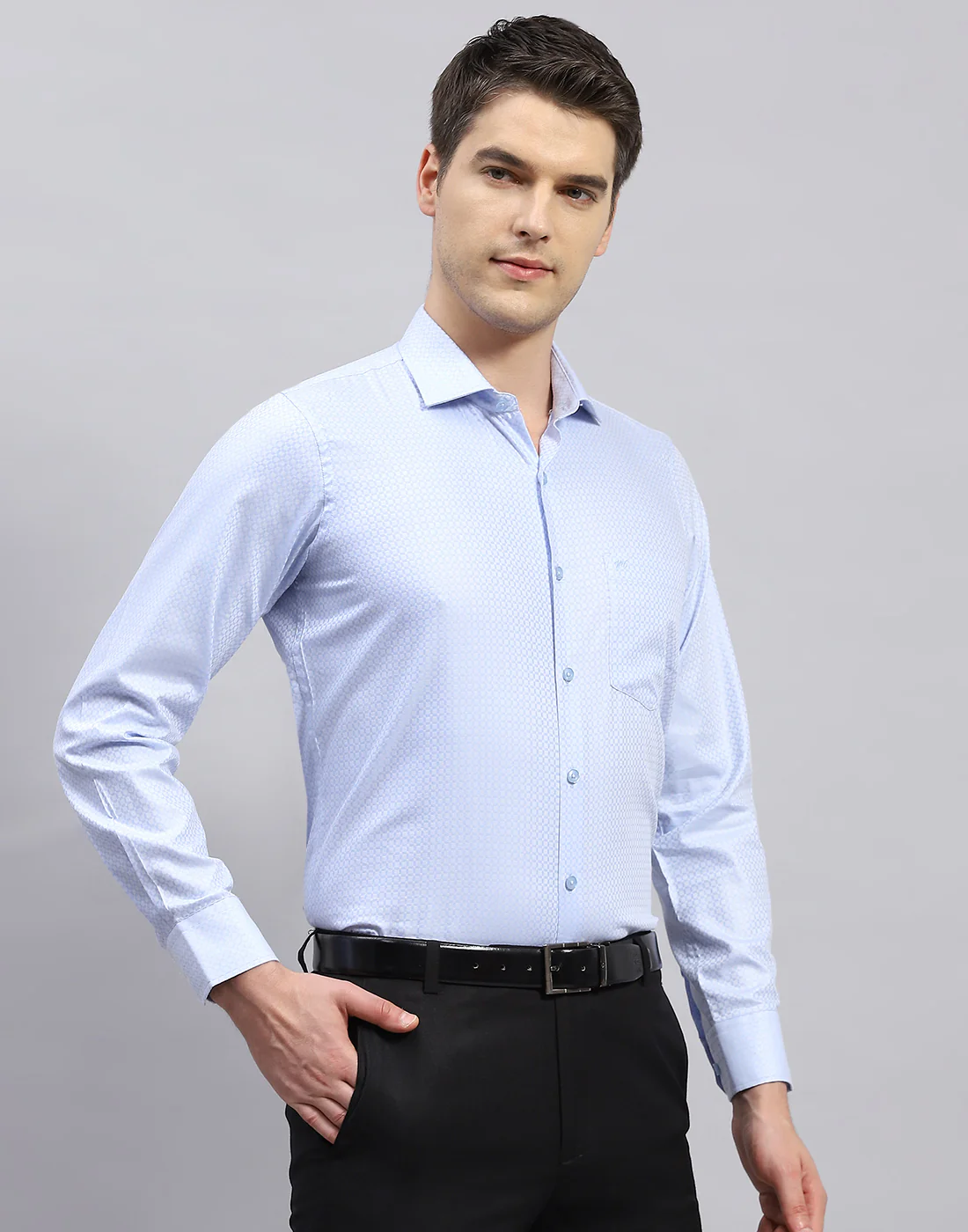 Men Sky Blue Self Design Collar Full Sleeve Shirt - Image 4