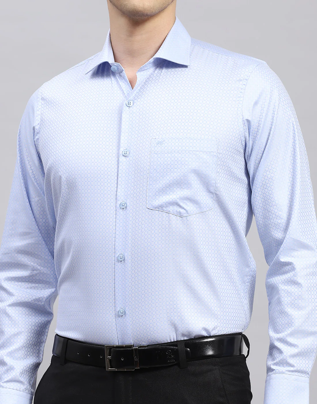 Men Sky Blue Self Design Collar Full Sleeve Shirt - Image 6