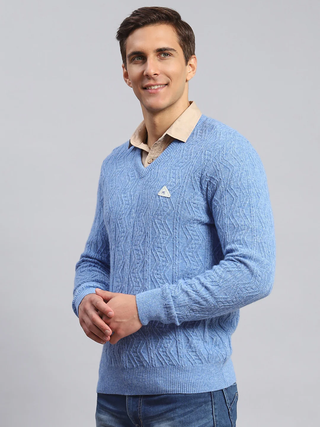Men Sky Blue Self Design Lamb wool Pullover - Image 4