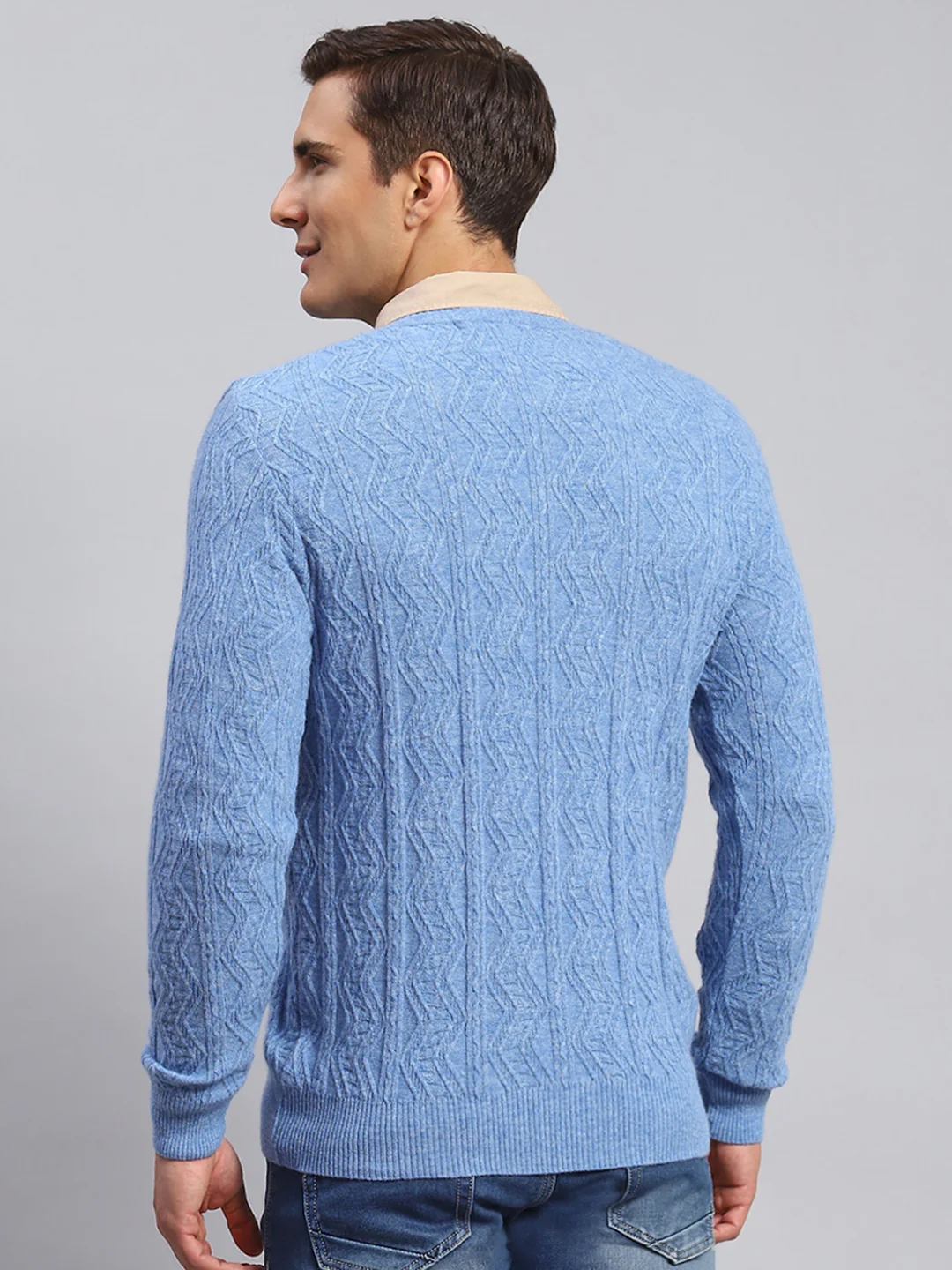 Men Sky Blue Self Design Lamb wool Pullover - Image 5