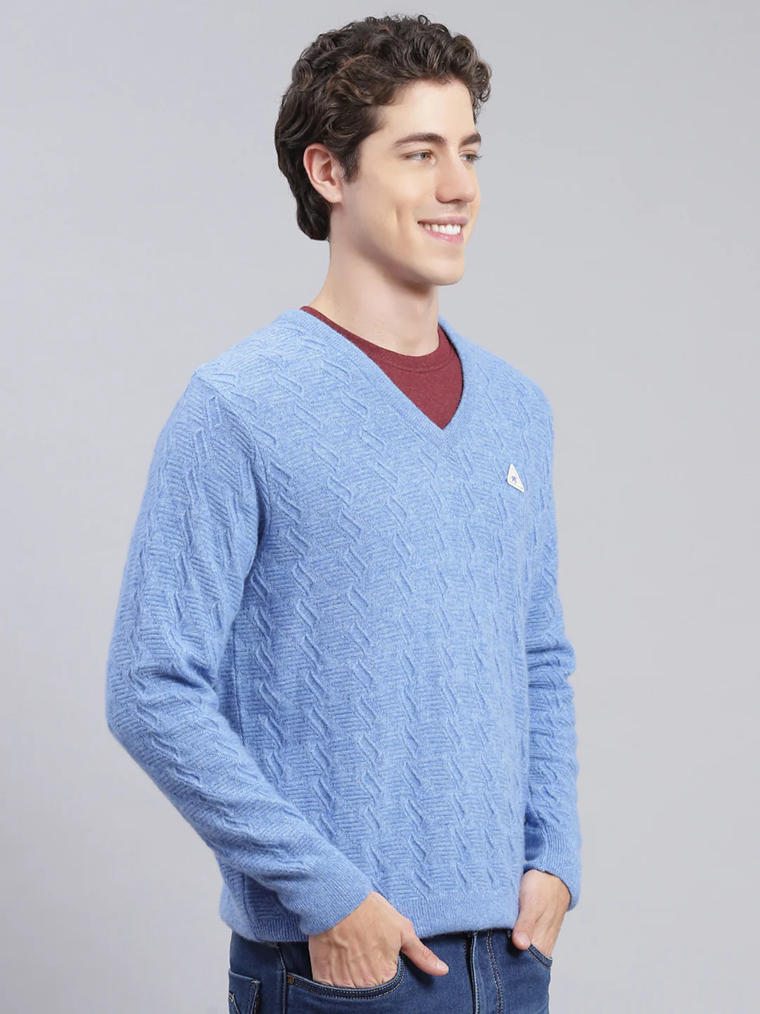 Men Sky Blue Self Design Lamb wool Pullover - Image 3