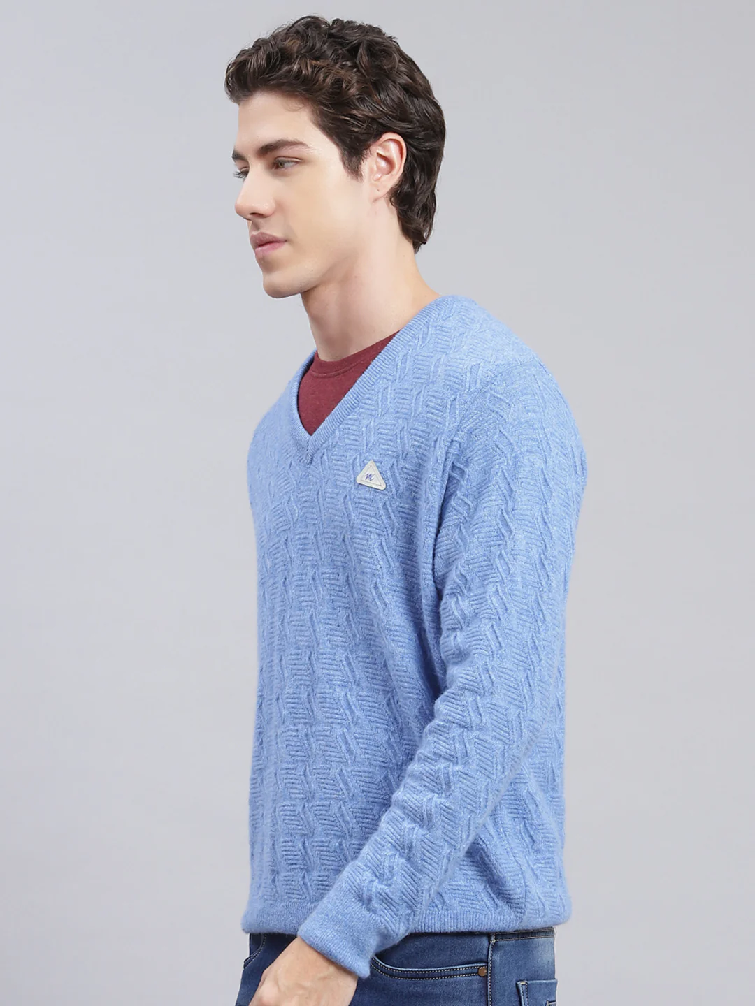 Men Sky Blue Self Design Lamb wool Pullover - Image 4