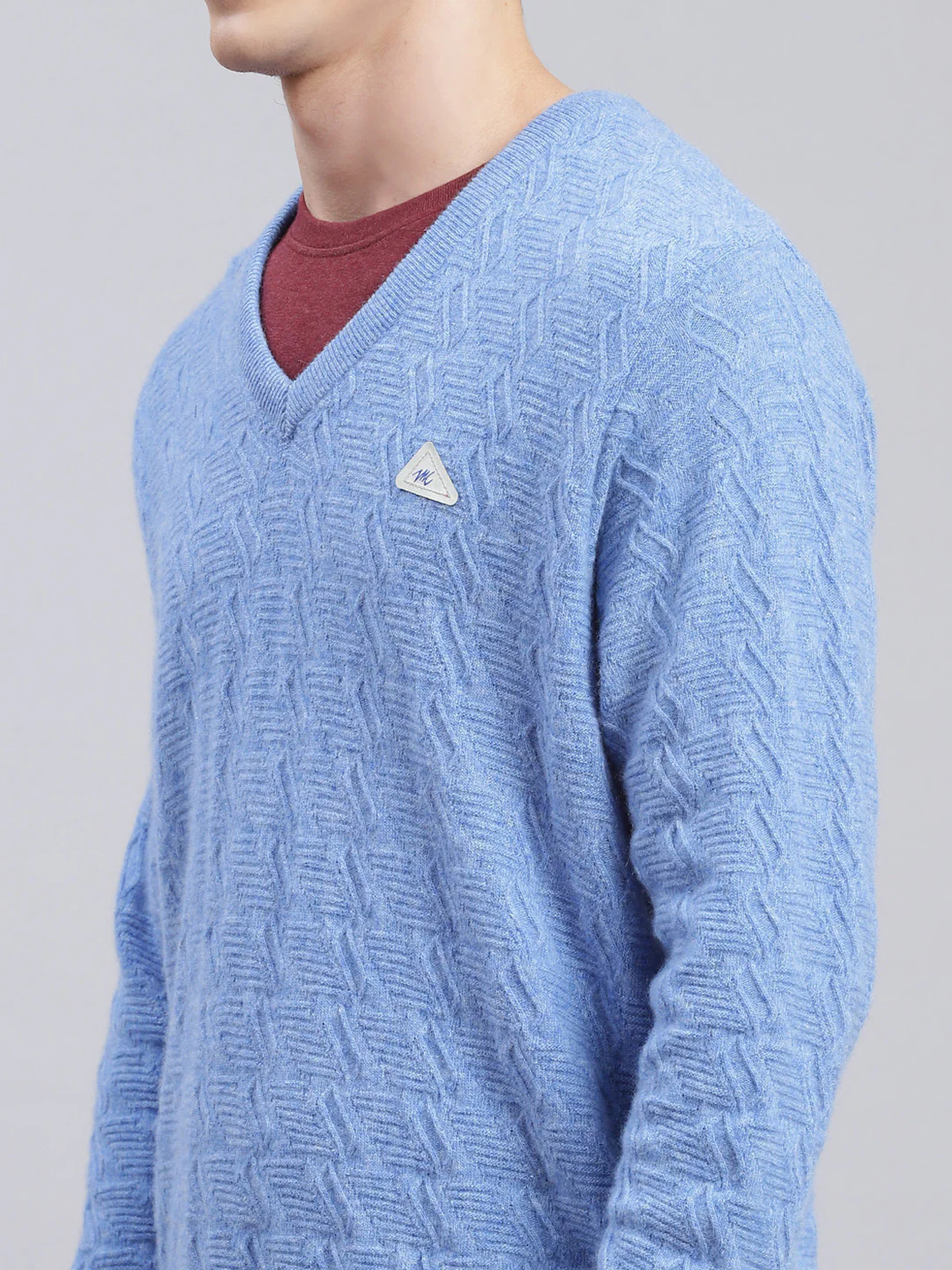 Men Sky Blue Self Design Lamb wool Pullover - Image 6