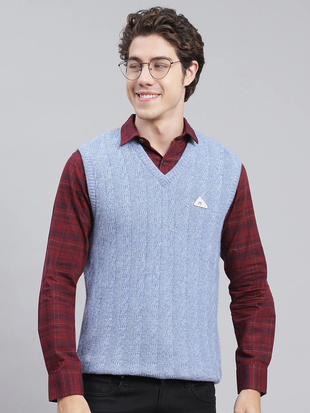 Men Sky Blue Self Design Lamb wool Sweater - Image 2