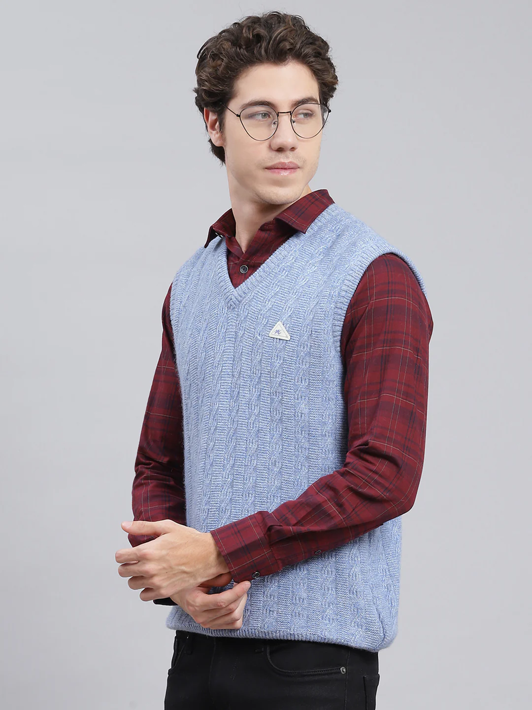 Men Sky Blue Self Design Lamb wool Sweater - Image 4