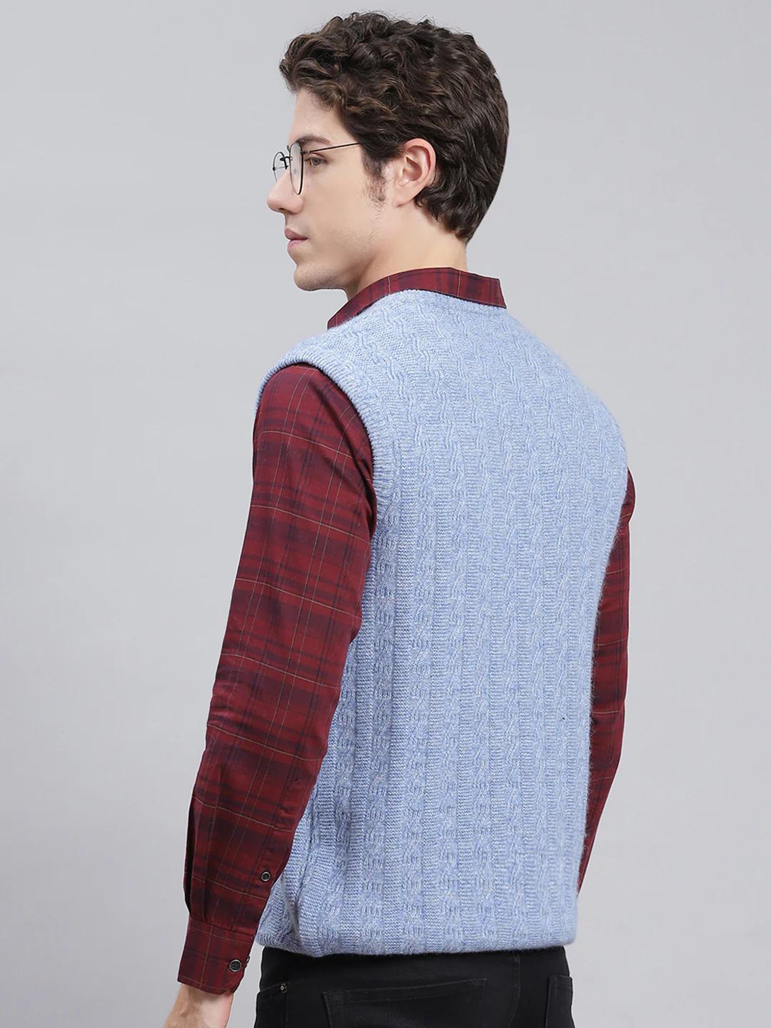 Men Sky Blue Self Design Lamb wool Sweater - Image 5