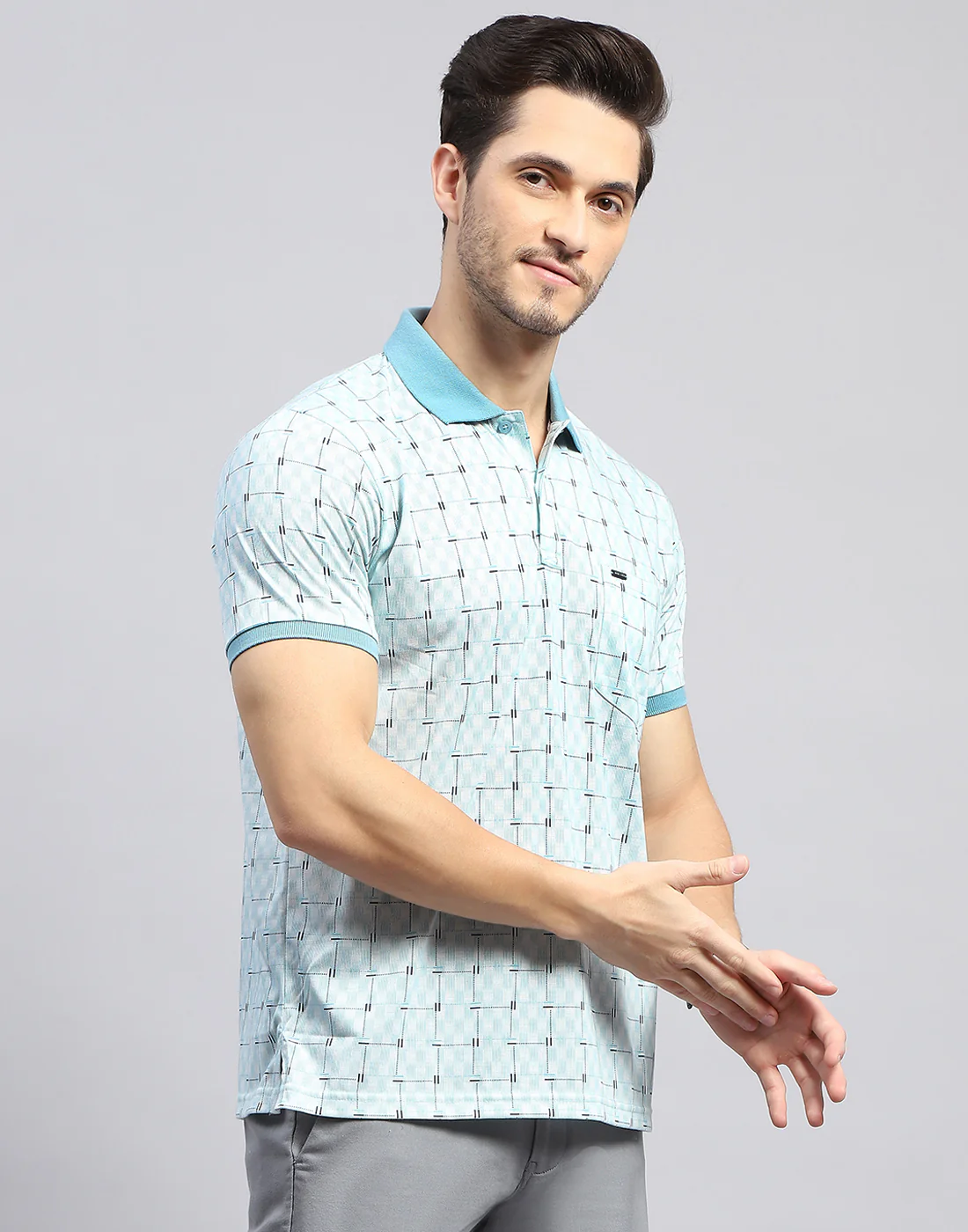 Men Sky Blue Self Design Polo Collar Half Sleeve T-Shirt - Image 4