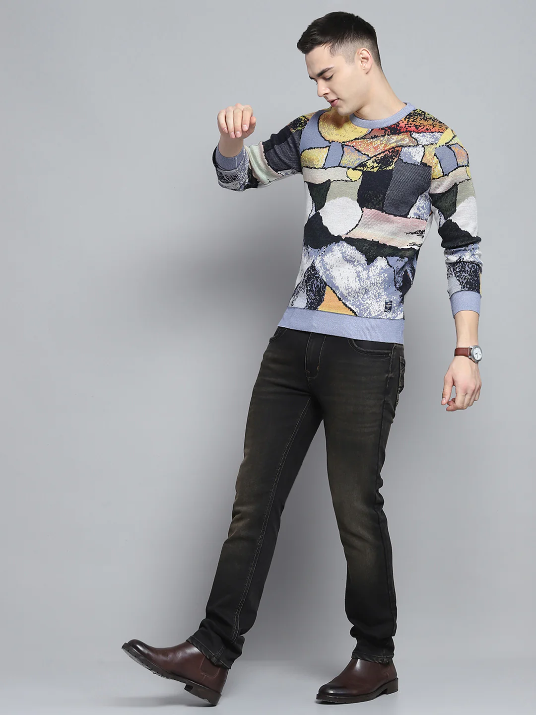 Men Sky Blue Self Design Round Neck Full Sleeve Pullover - Image 2