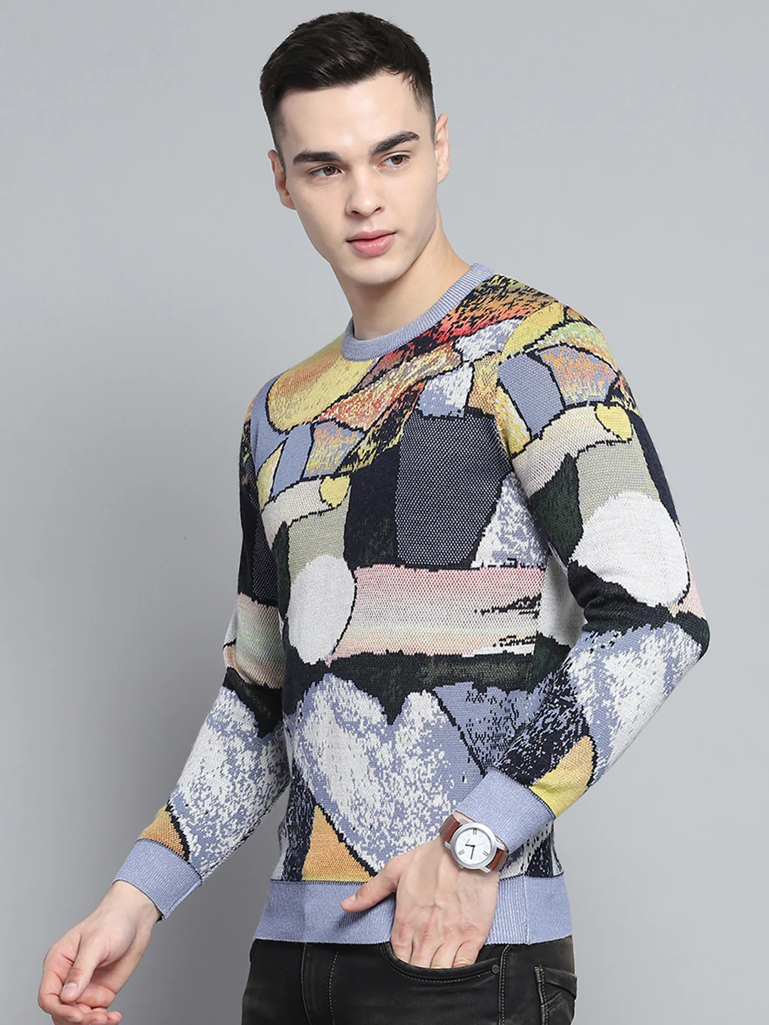 Men Sky Blue Self Design Round Neck Full Sleeve Pullover - Image 3