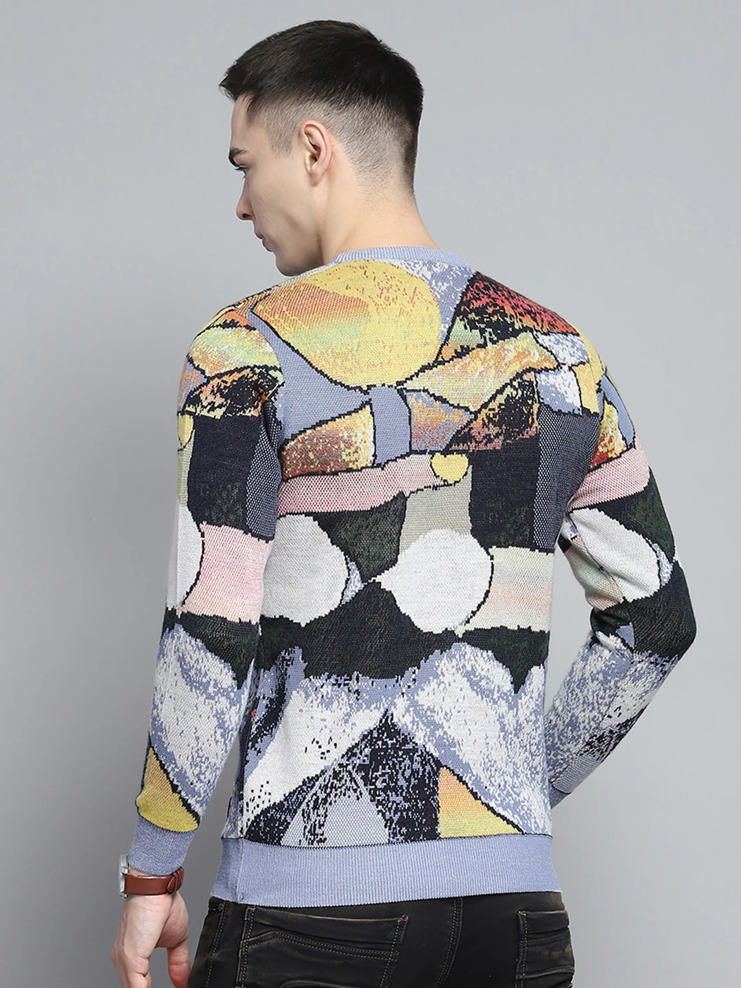 Men Sky Blue Self Design Round Neck Full Sleeve Pullover - Image 5