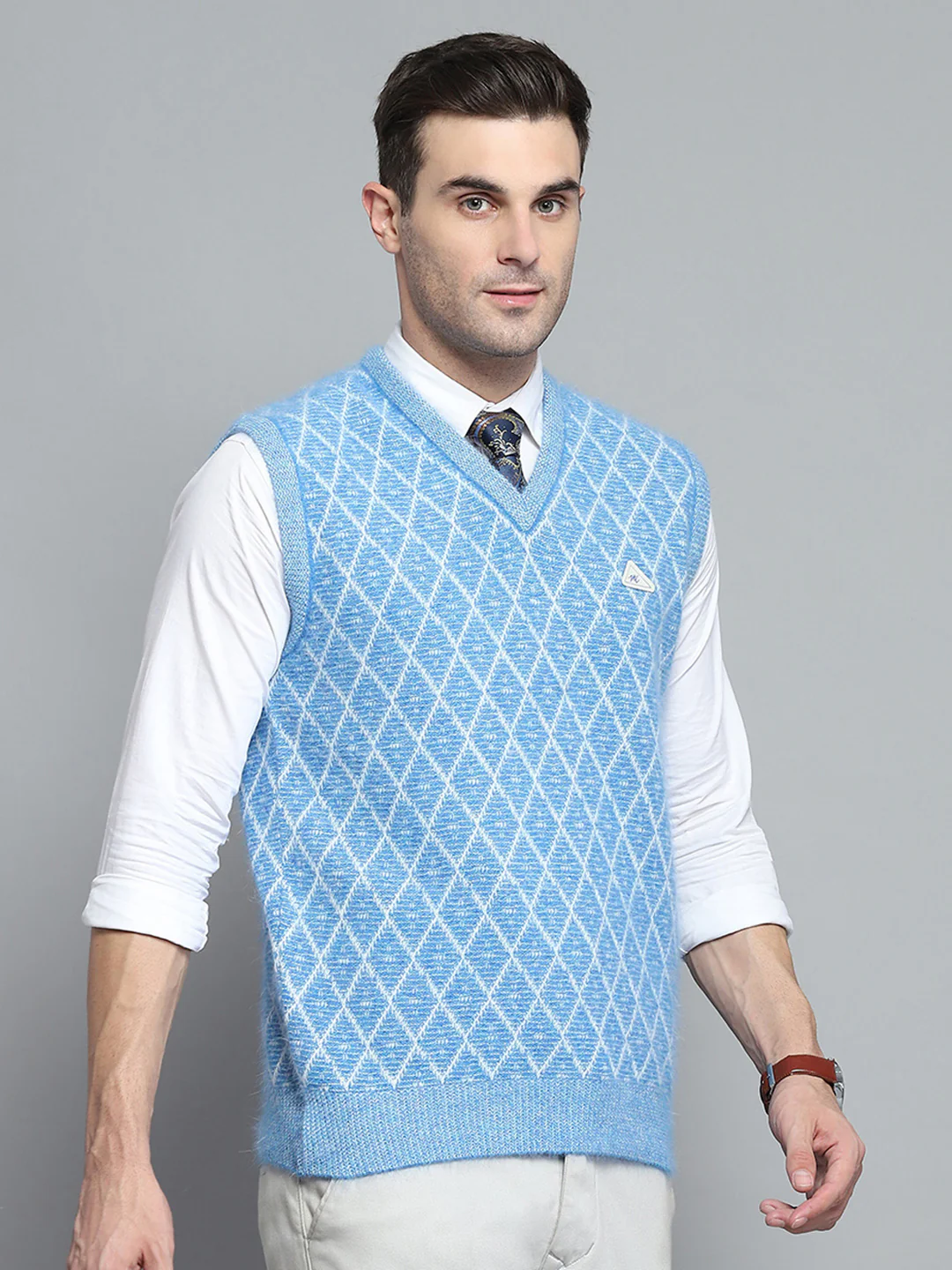 Men Sky Blue Self Design V Neck Sleeveless Sweater - Image 4