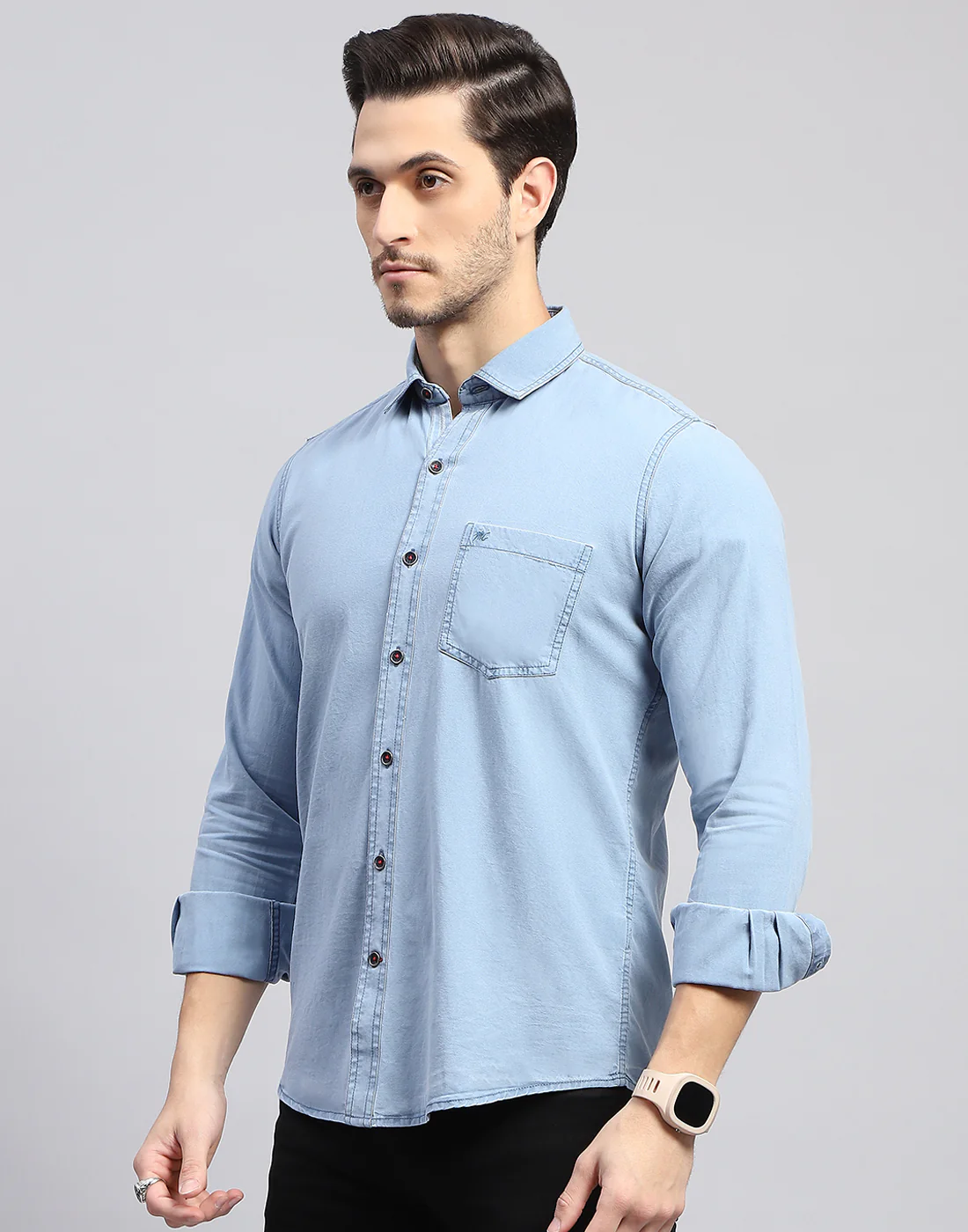 Men Sky Blue Solid Collar Full Sleeve Shirt - Image 3