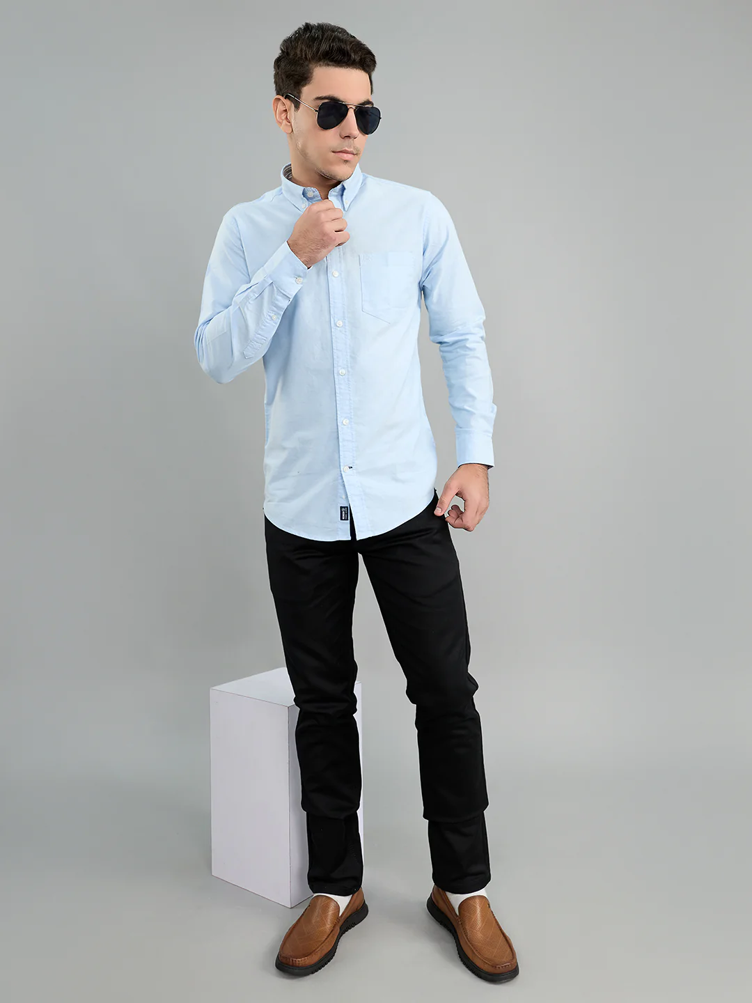 Men Sky Blue Solid Collar Full Sleeve Shirt - Image 6