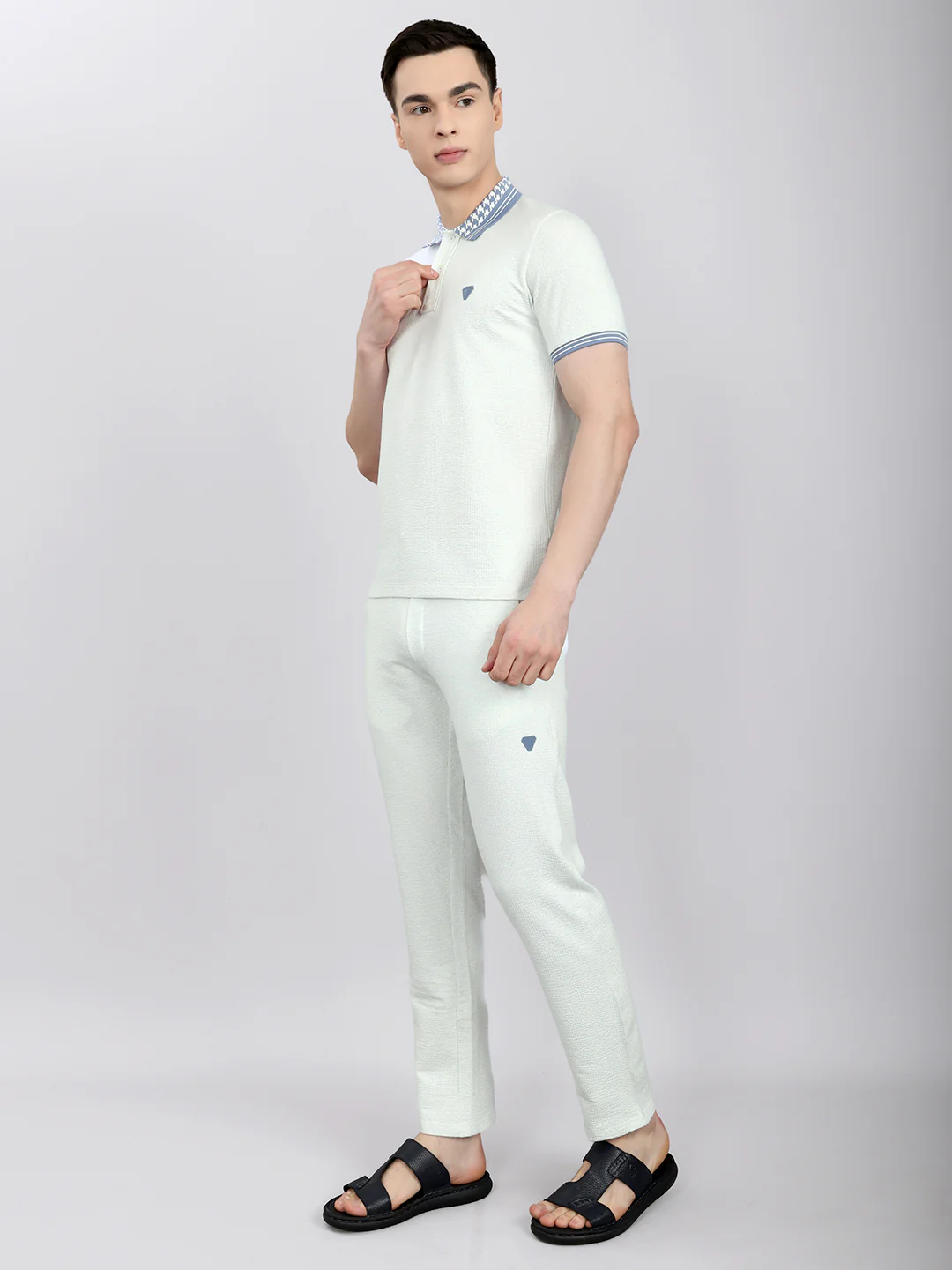 Men Sky Blue Solid Collar Half Sleeve Lower Set - Image 2