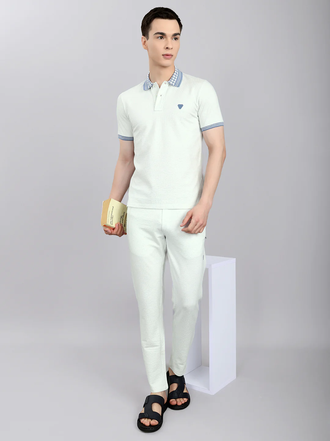 Men Sky Blue Solid Collar Half Sleeve Lower Set - Image 7