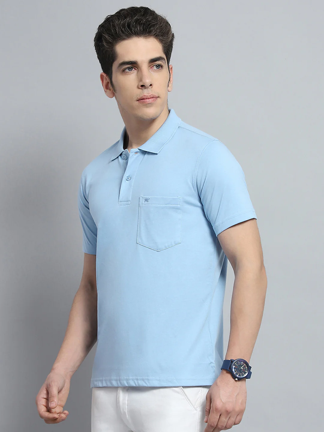 Men Sky Blue Solid Collar Half Sleeve T-Shirt - Image 3