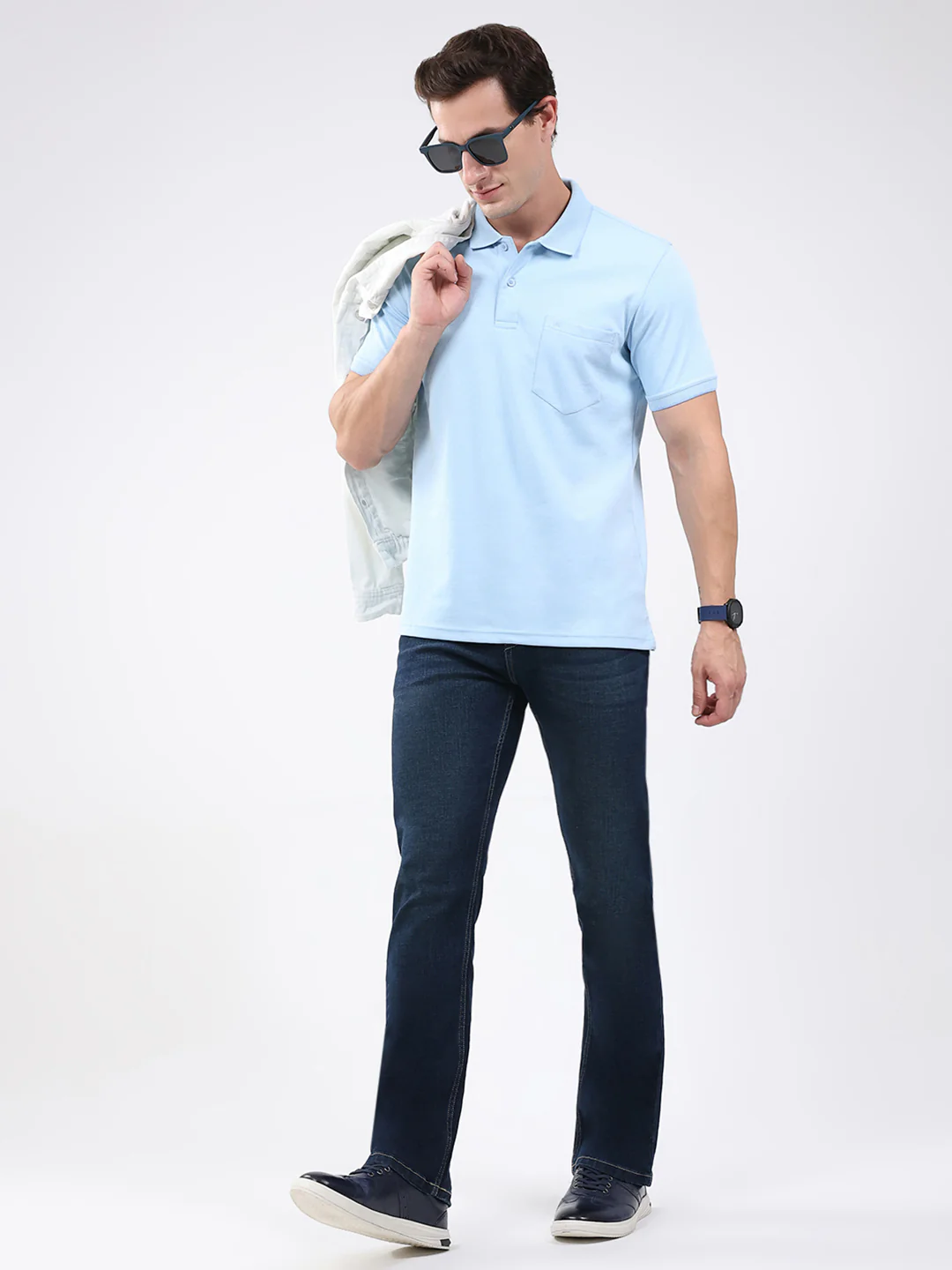 Men Sky Blue Solid Collar Half Sleeve T-Shirt - Image 2