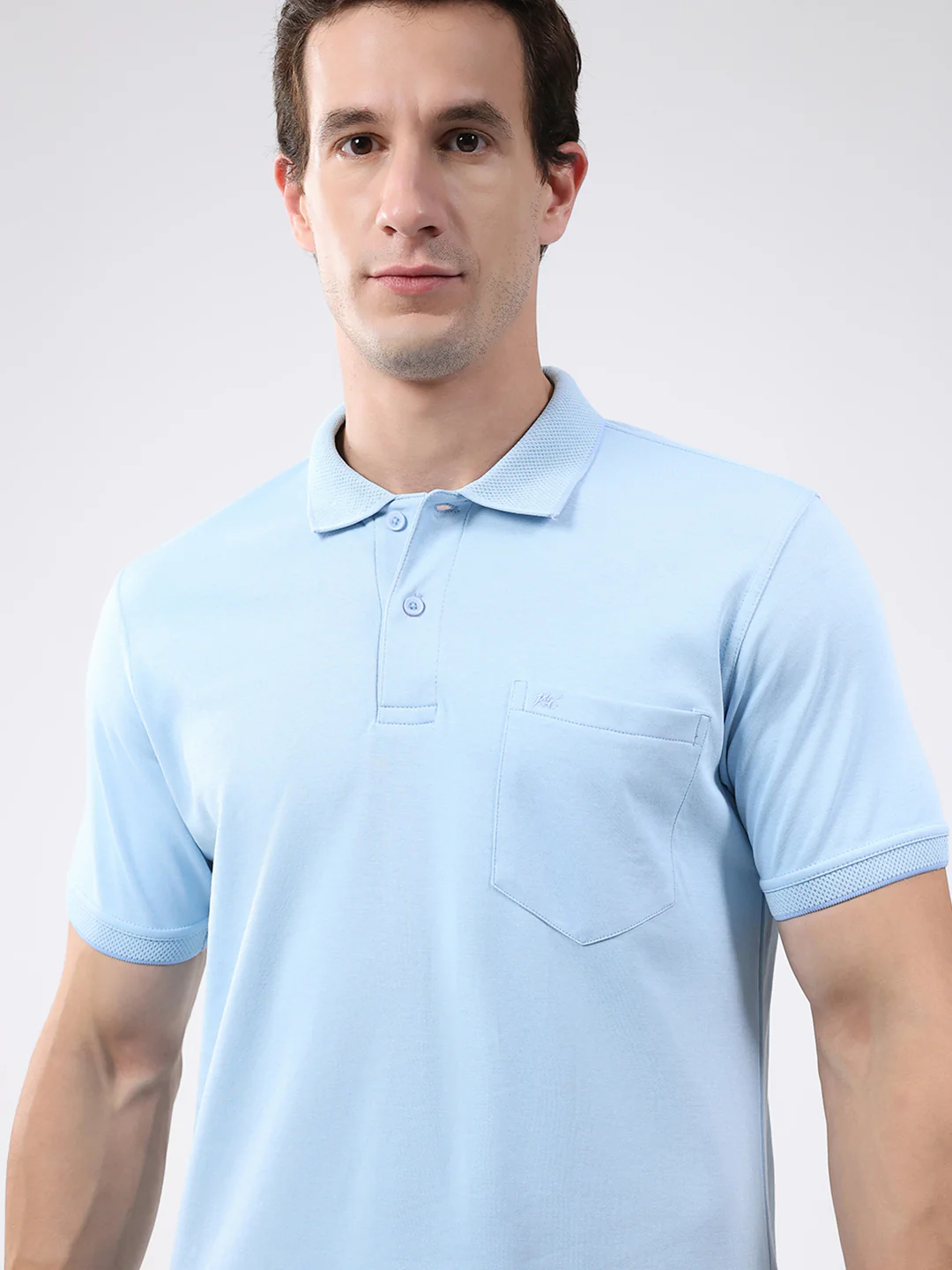 Men Sky Blue Solid Collar Half Sleeve T-Shirt - Image 6