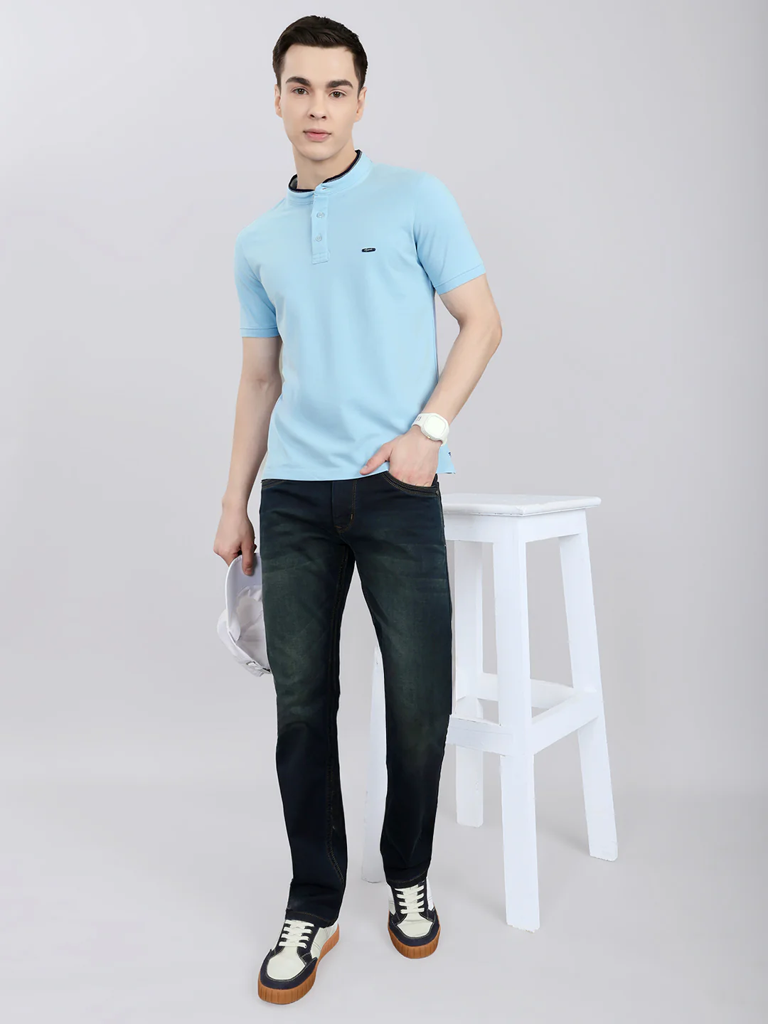 Men Sky Blue Solid Henley Neck Half Sleeve T-Shirt - Image 6