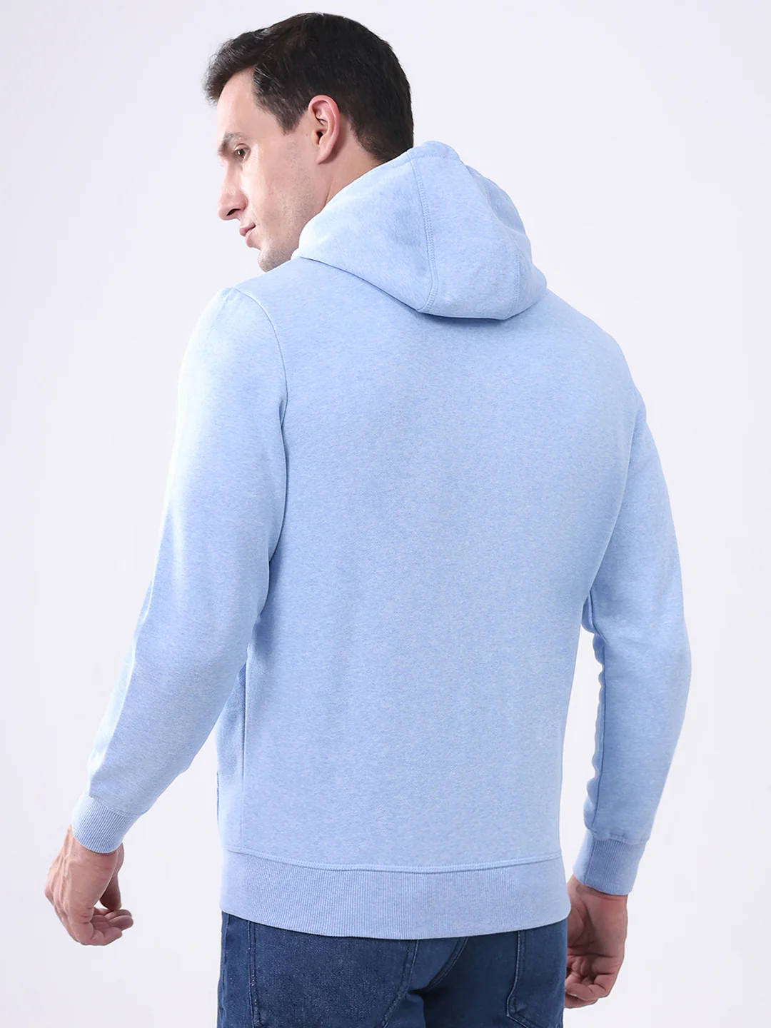 Men Sky Blue Solid Hooded Full Sleeve Sweatshirt - Image 5