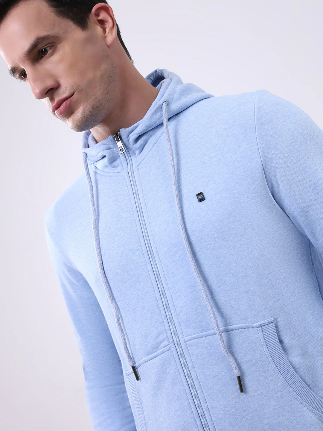 Men Sky Blue Solid Hooded Full Sleeve Sweatshirt - Image 6