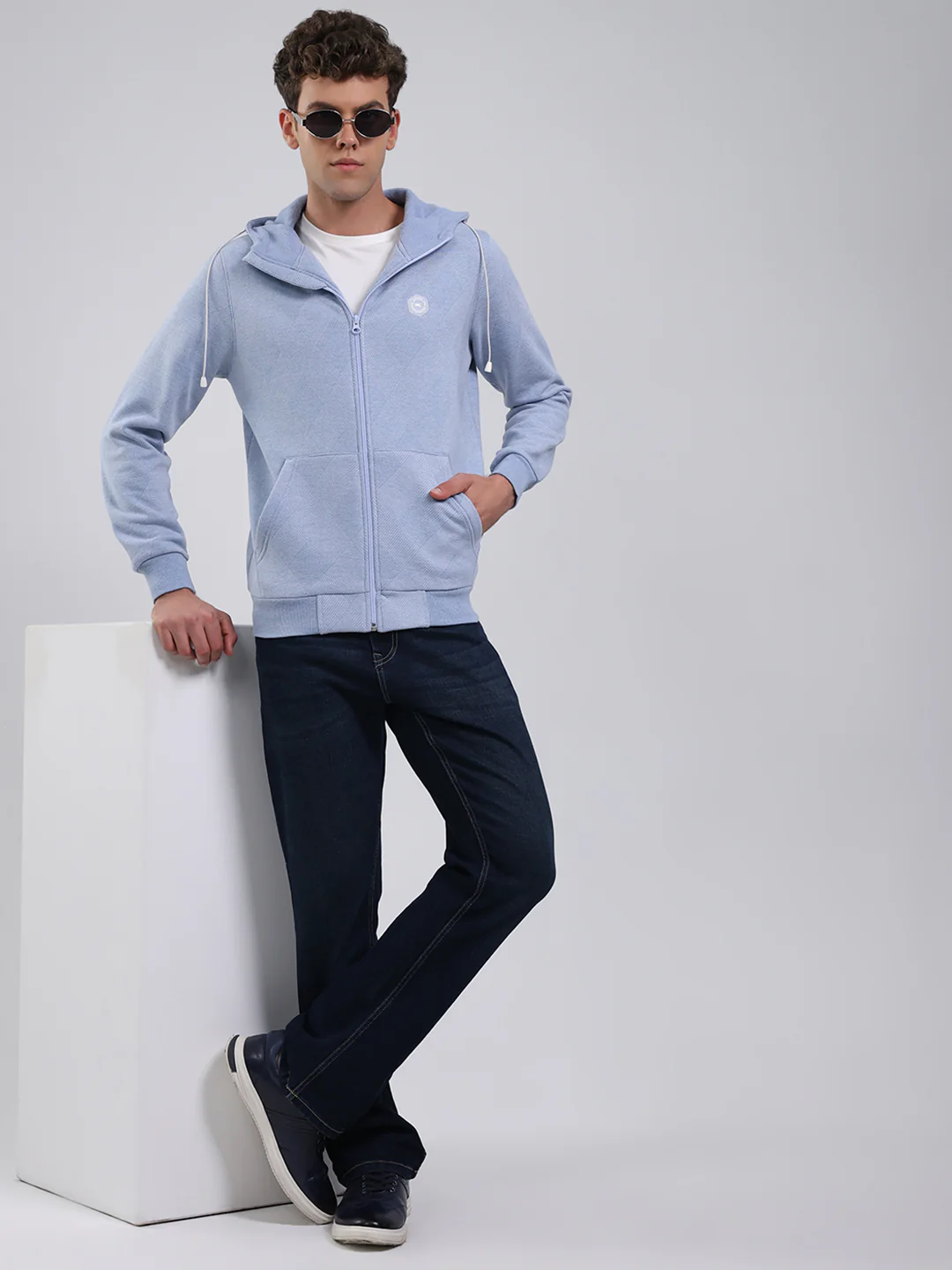 Men Sky Blue Solid Hooded Full Sleeve Sweatshirt - Image 2